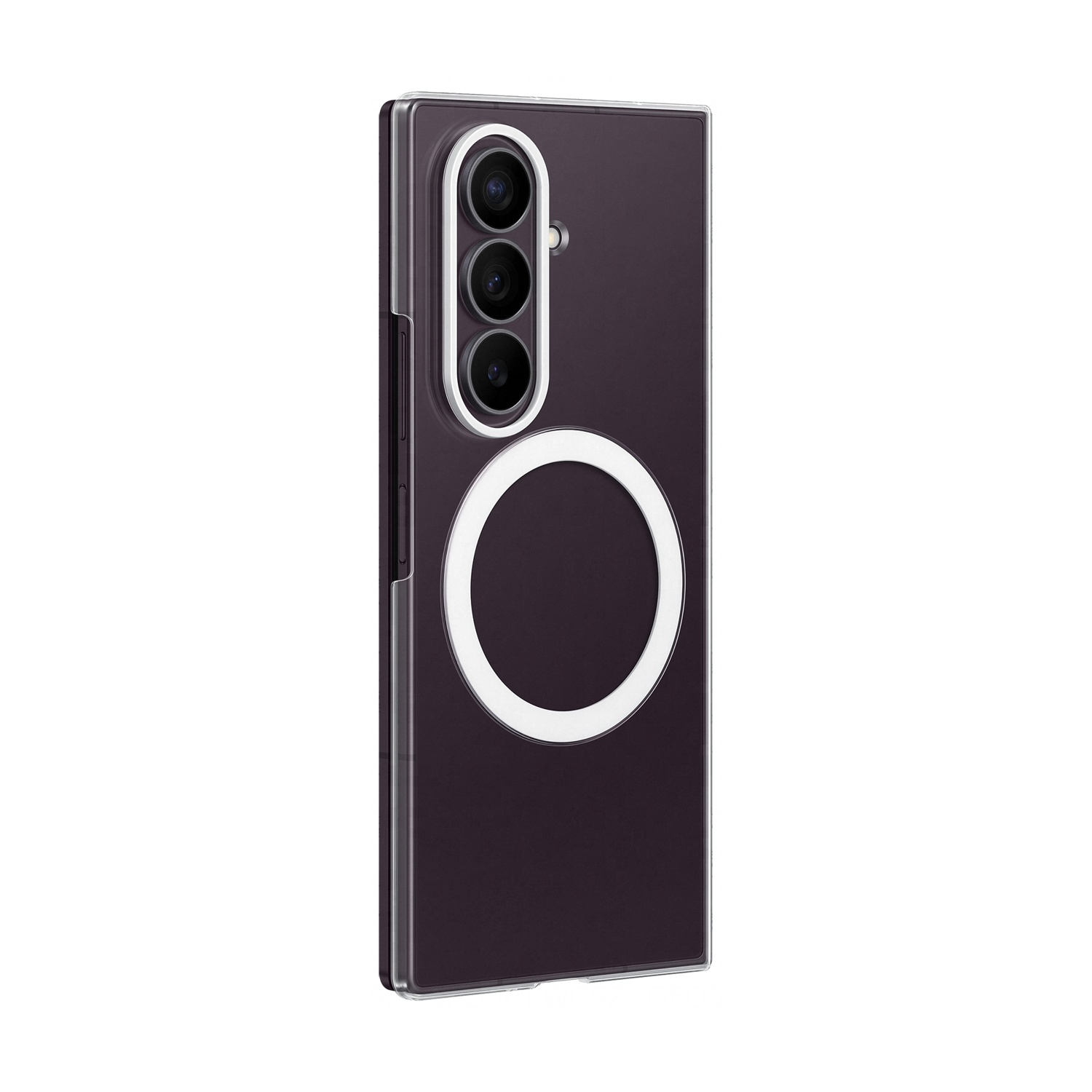 Retro di uno smartphone scuro con tre fotocamere e un anello bianco.