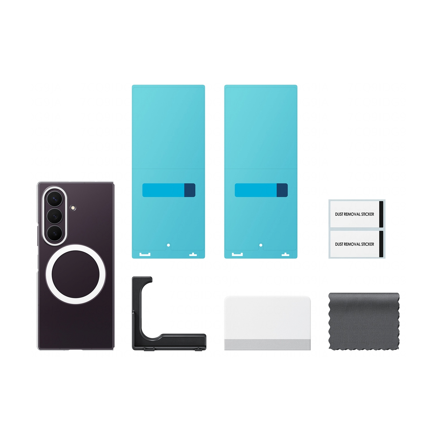 Uno smartphone scuro con fotocamere, accanto a protezioni per lo schermo blu e accessori.