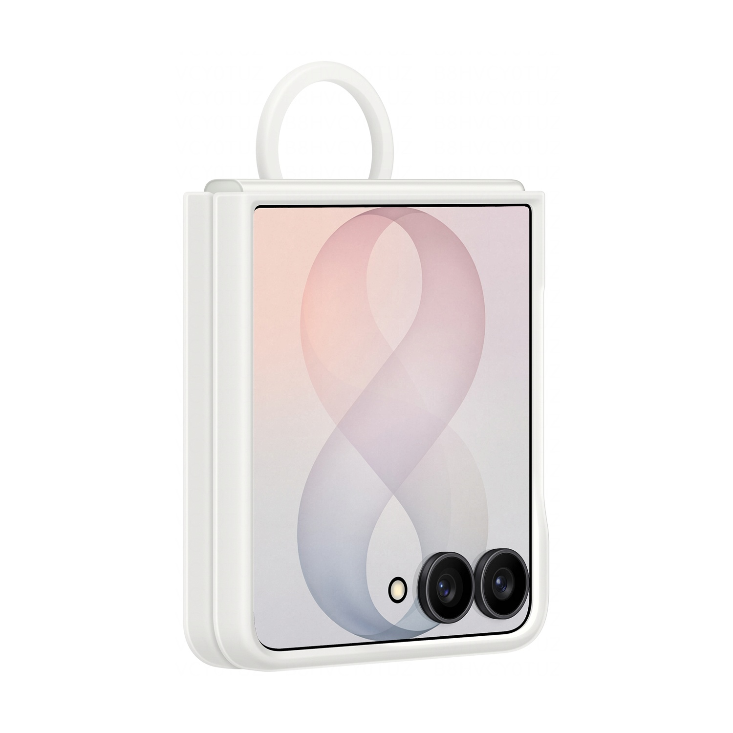 Un telefono a conchiglia bianco con un anello, aperto su una grafica di sfondo floreale.