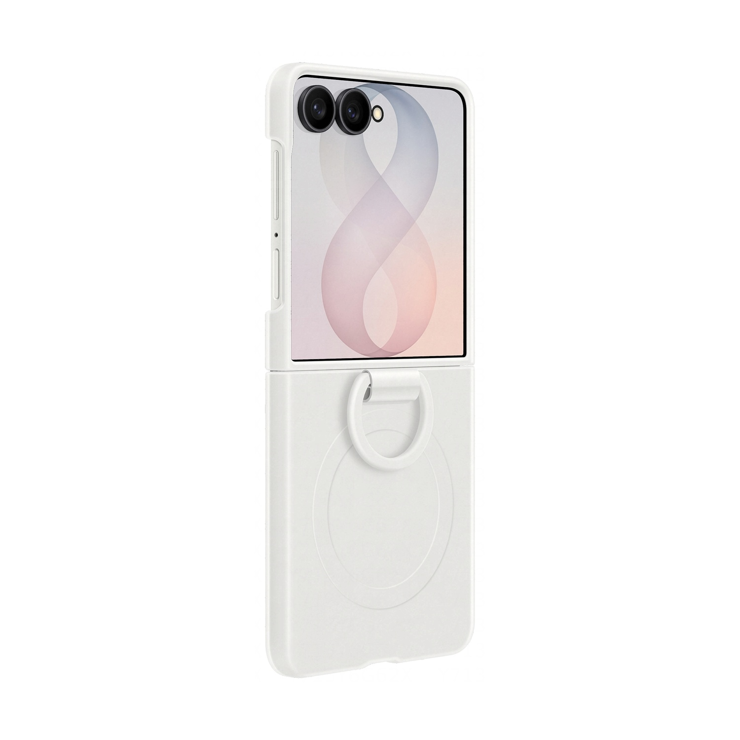 Un telefono flip bianco con due fotocamere e un anello.
