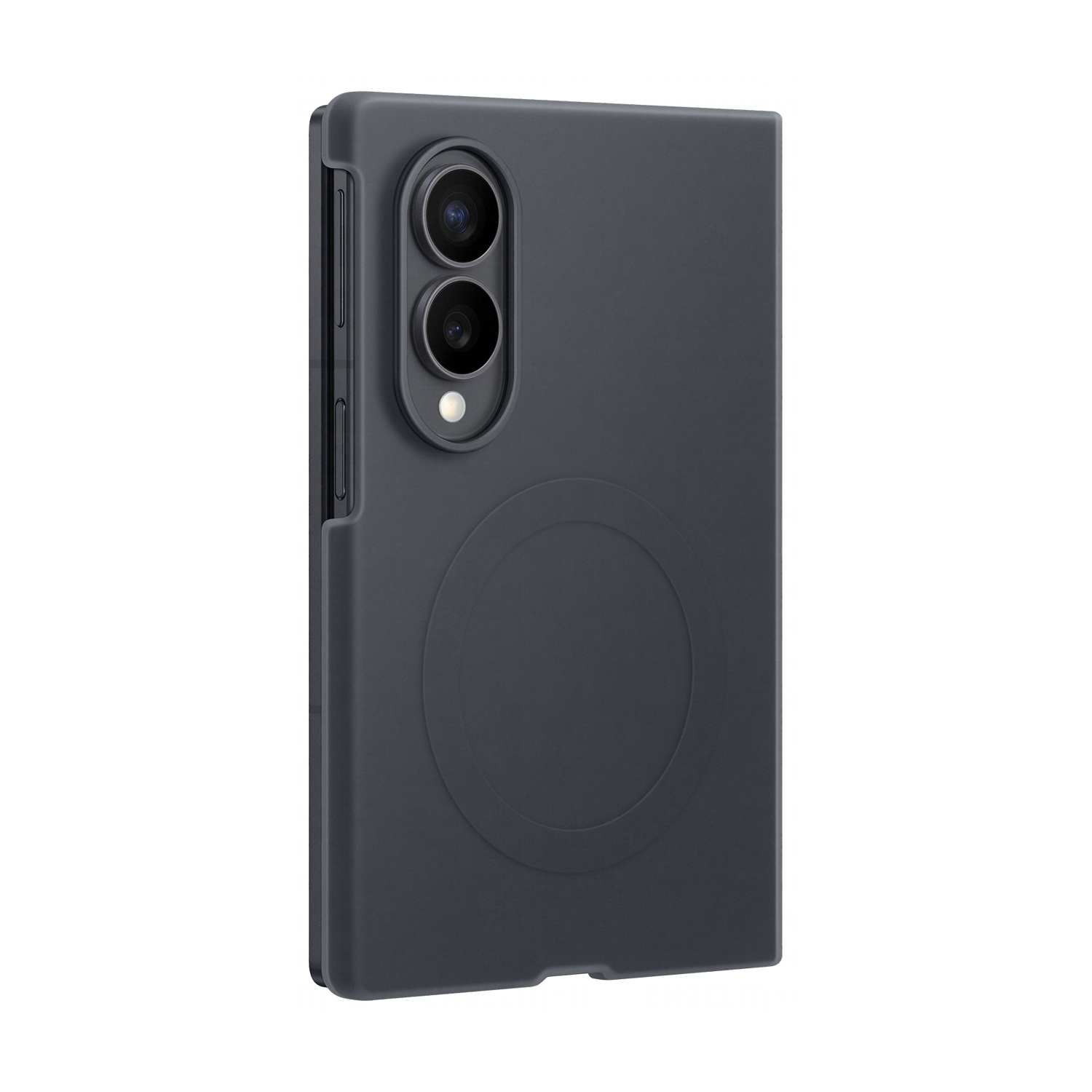 Custodia grigio scuro per smartphone con modulo fotocamera e rilievo circolare.