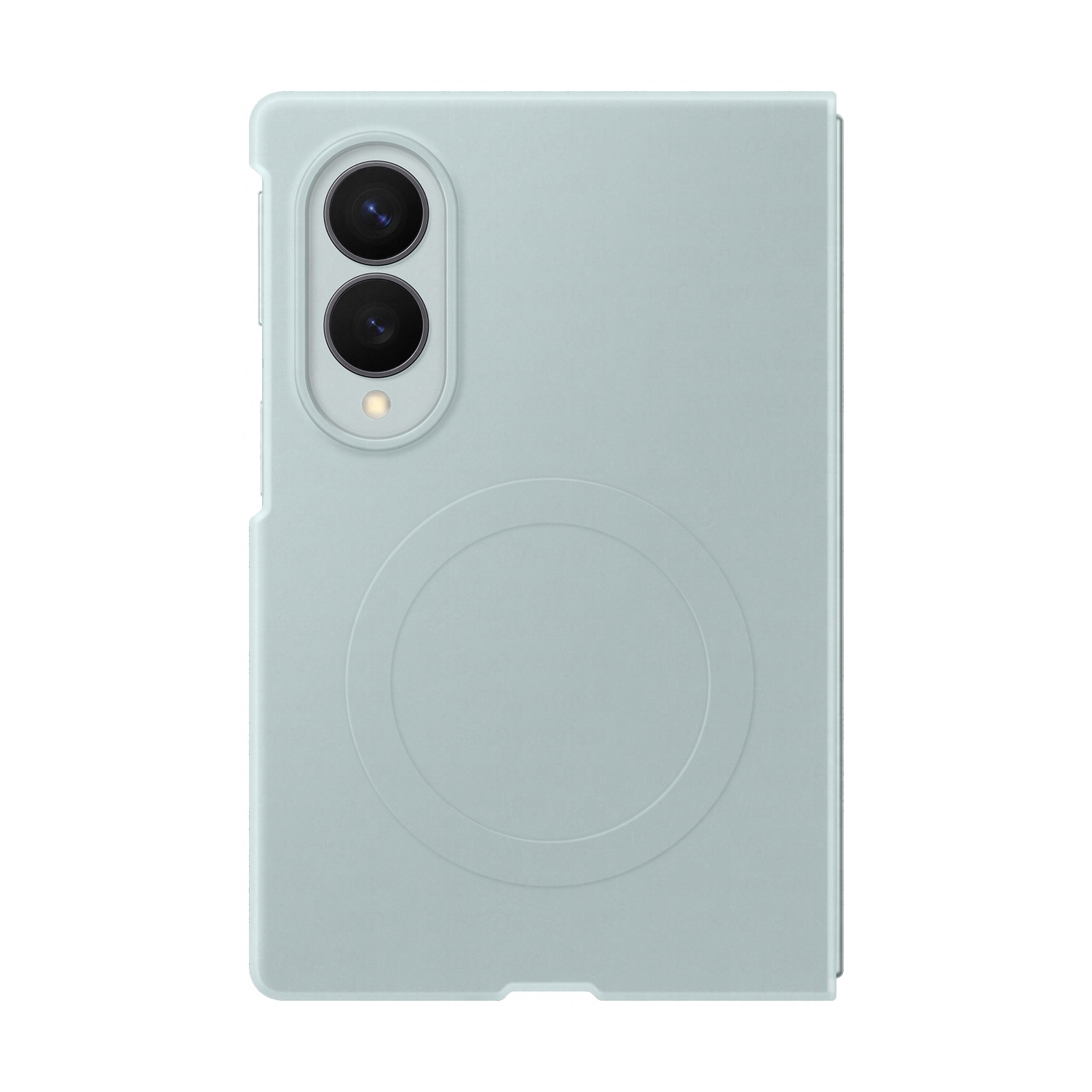 Custodia azzurra per telefono con doppia fotocamera e flash. Cerchio in rilievo.