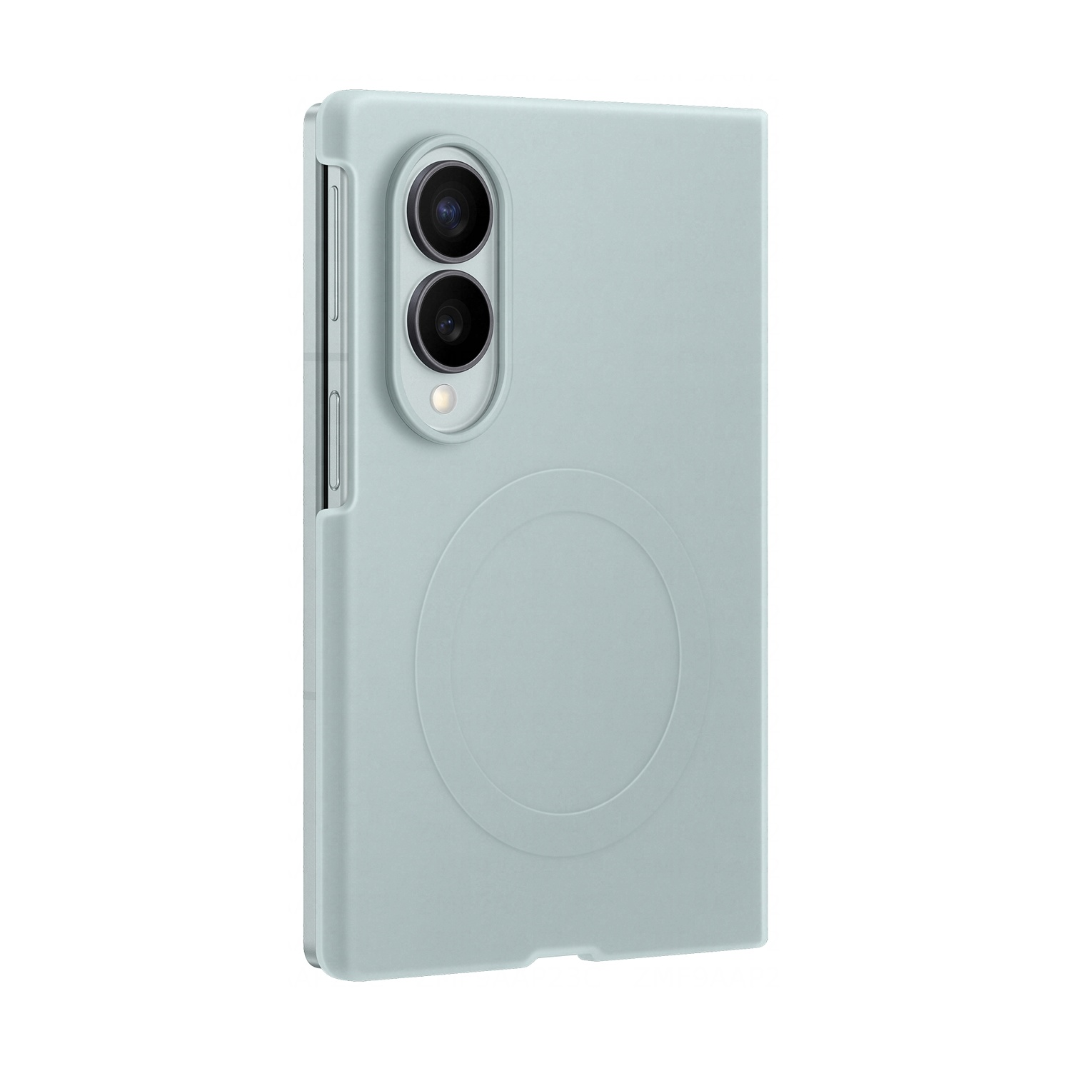 Una cover azzurra per telefono con due fotocamere e un design circolare.