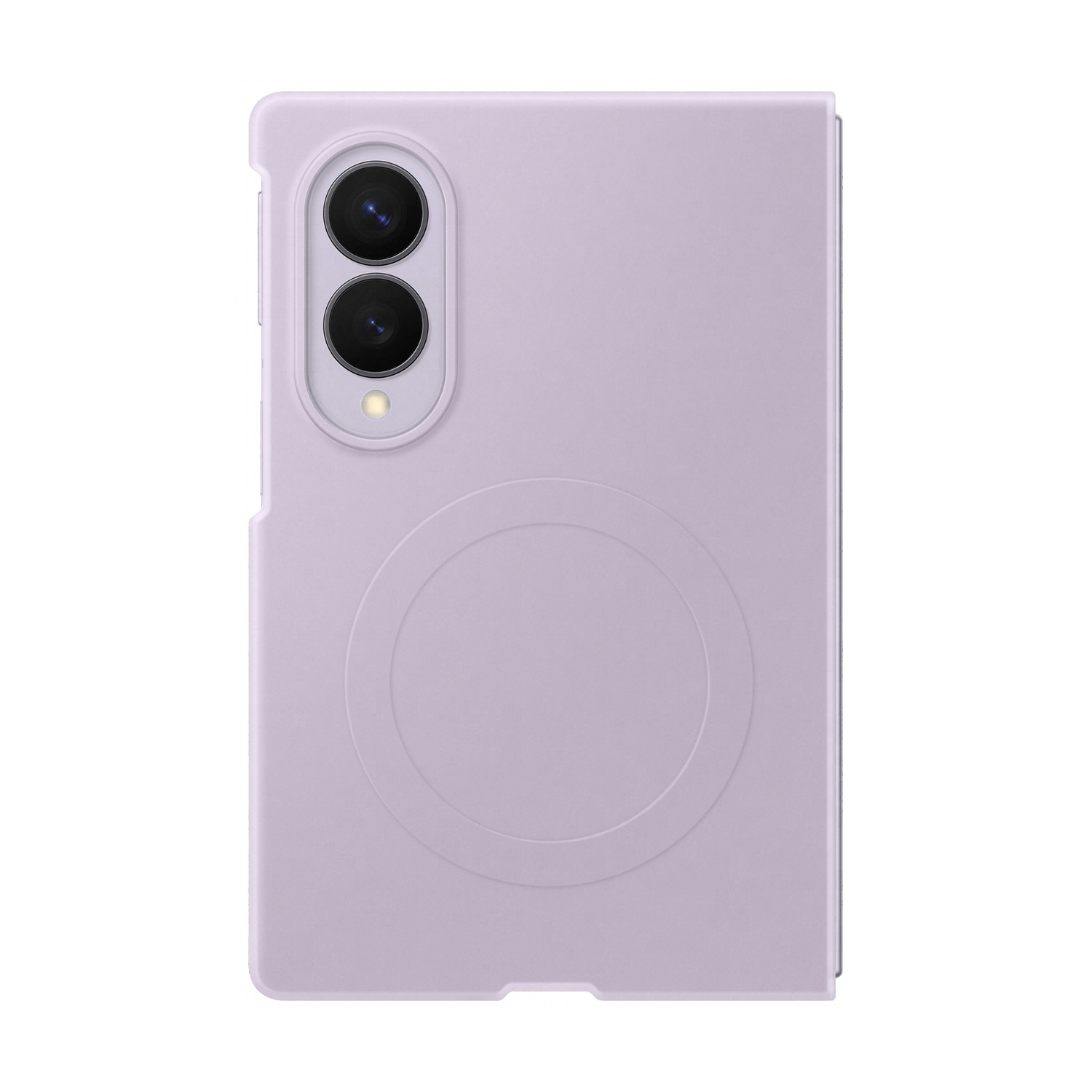 Una cover viola chiaro per telefono con due fotocamere e motivo circolare.
