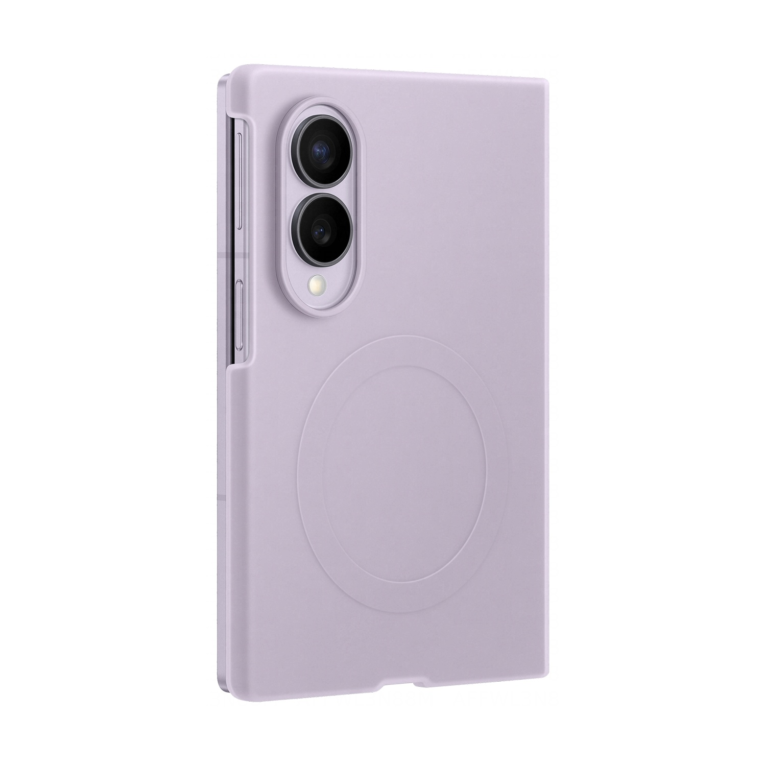 Una cover viola chiaro per telefono con lenti della fotocamera e un design circolare.