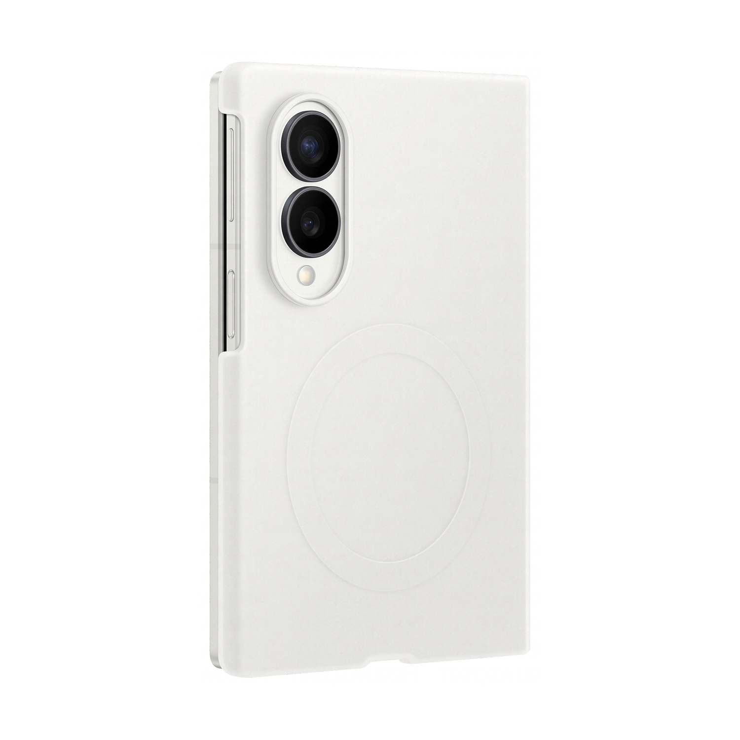 Uno smartphone bianco con due fotocamere e un motivo circolare sul retro.