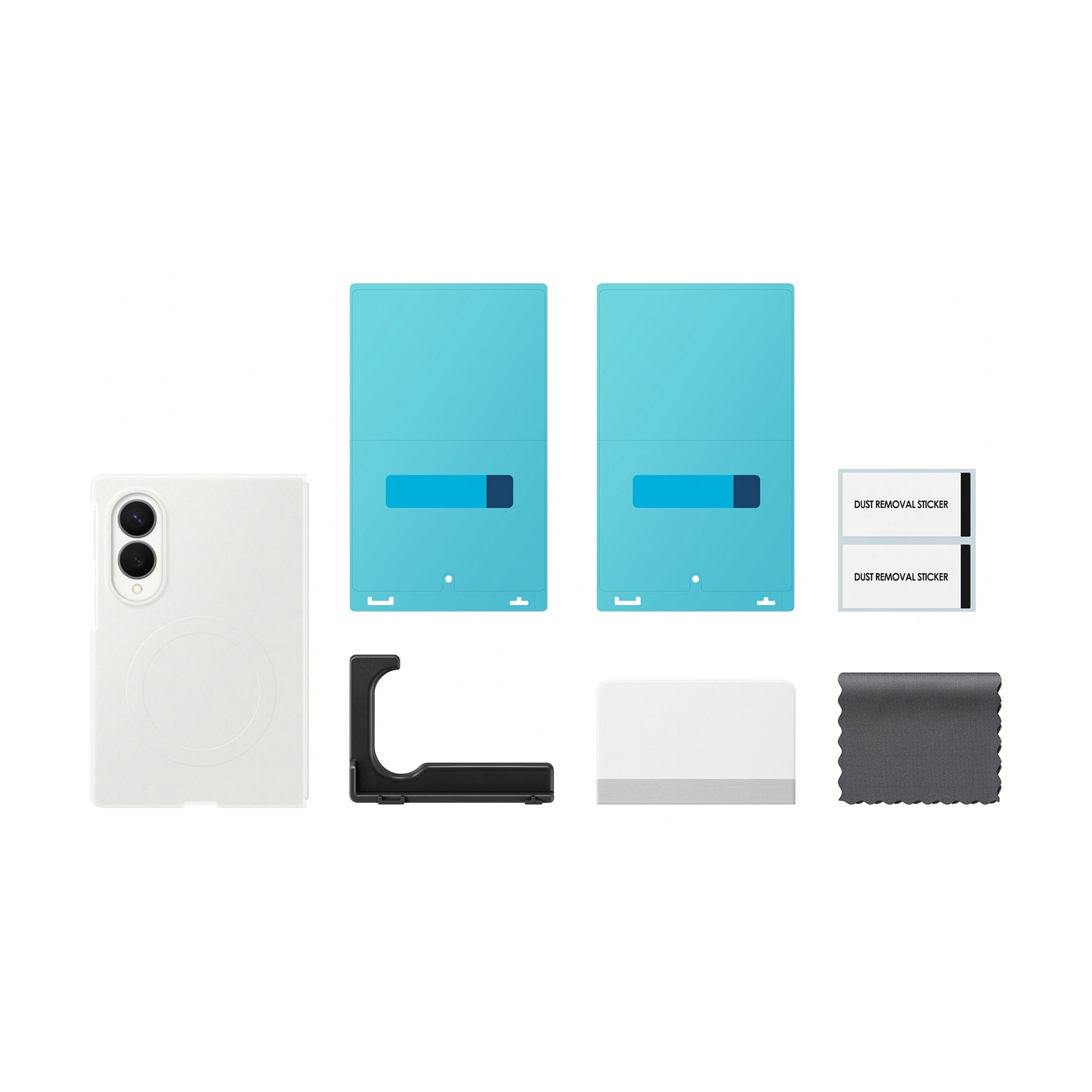 Cover bianca per smartphone, due pellicole protettive blu, supporto nero, strumento bianco e panno.