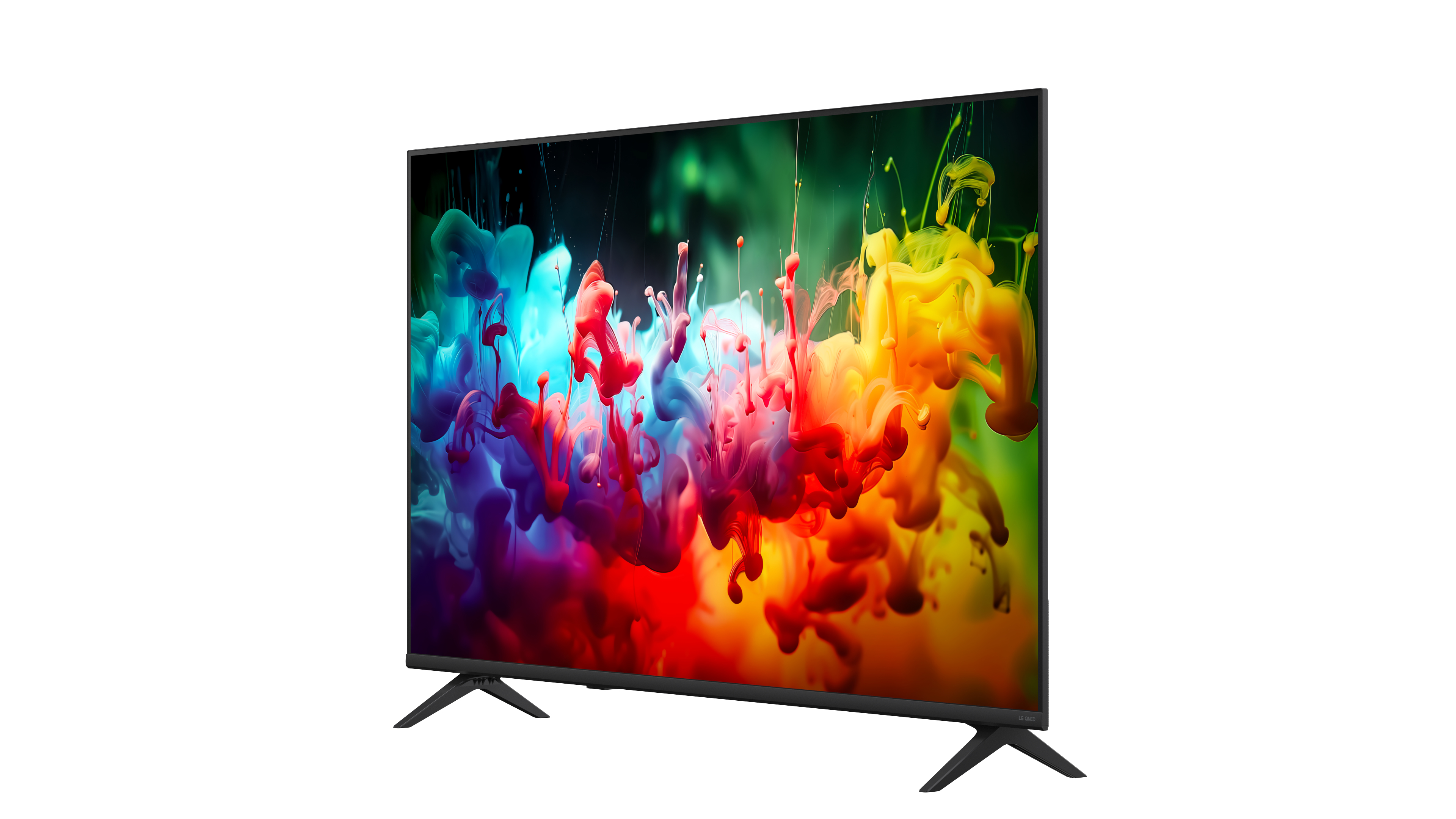 Ein moderner schwarzer Fernseher auf weißem Hintergrund zeigt bunte Tintenwolken in Blau, Rot und Gelb.