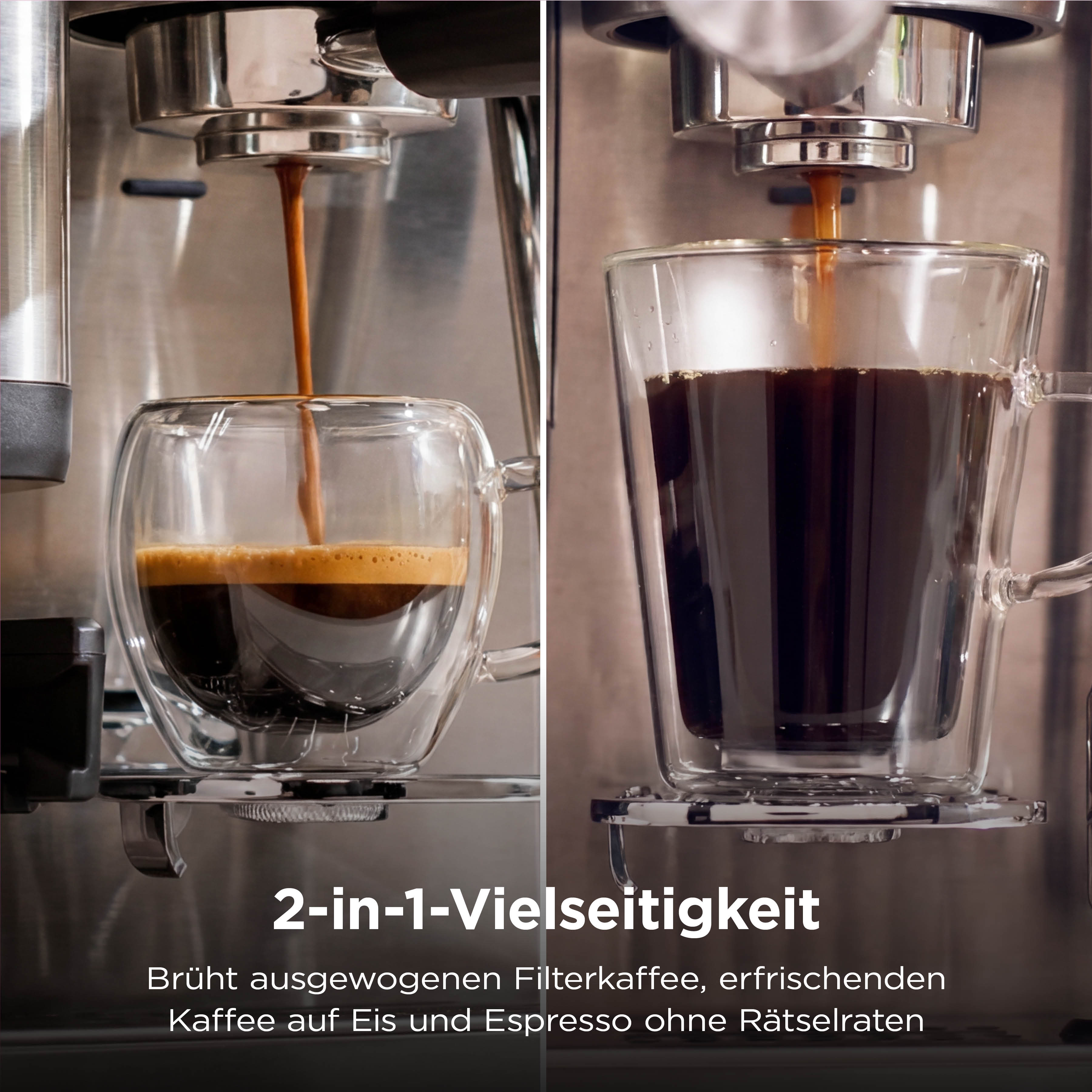Kaffee wird in zwei Gläser gegossen: Espresso in links, Filterkaffee in rechts.