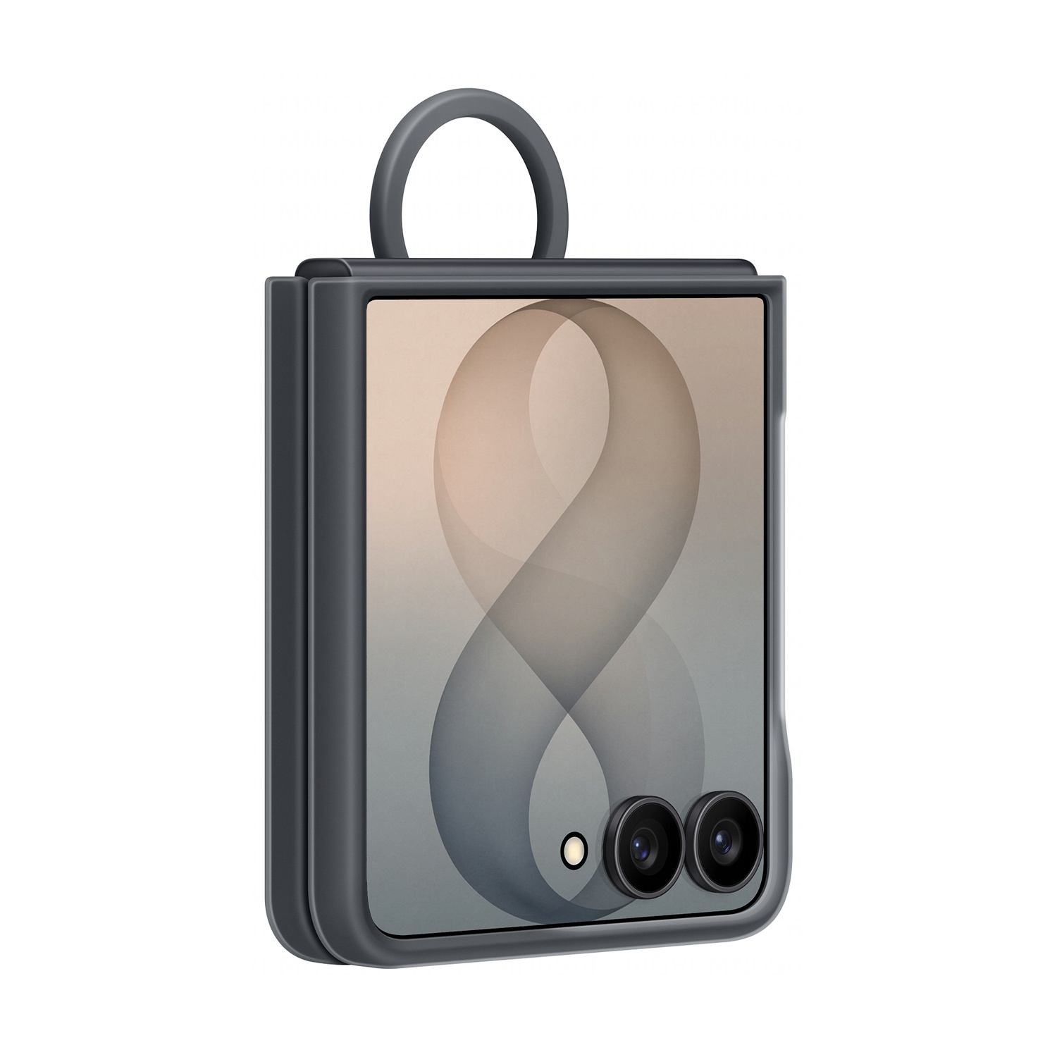 Un telefono a conchiglia grigio con anello e due fotocamere posteriori.