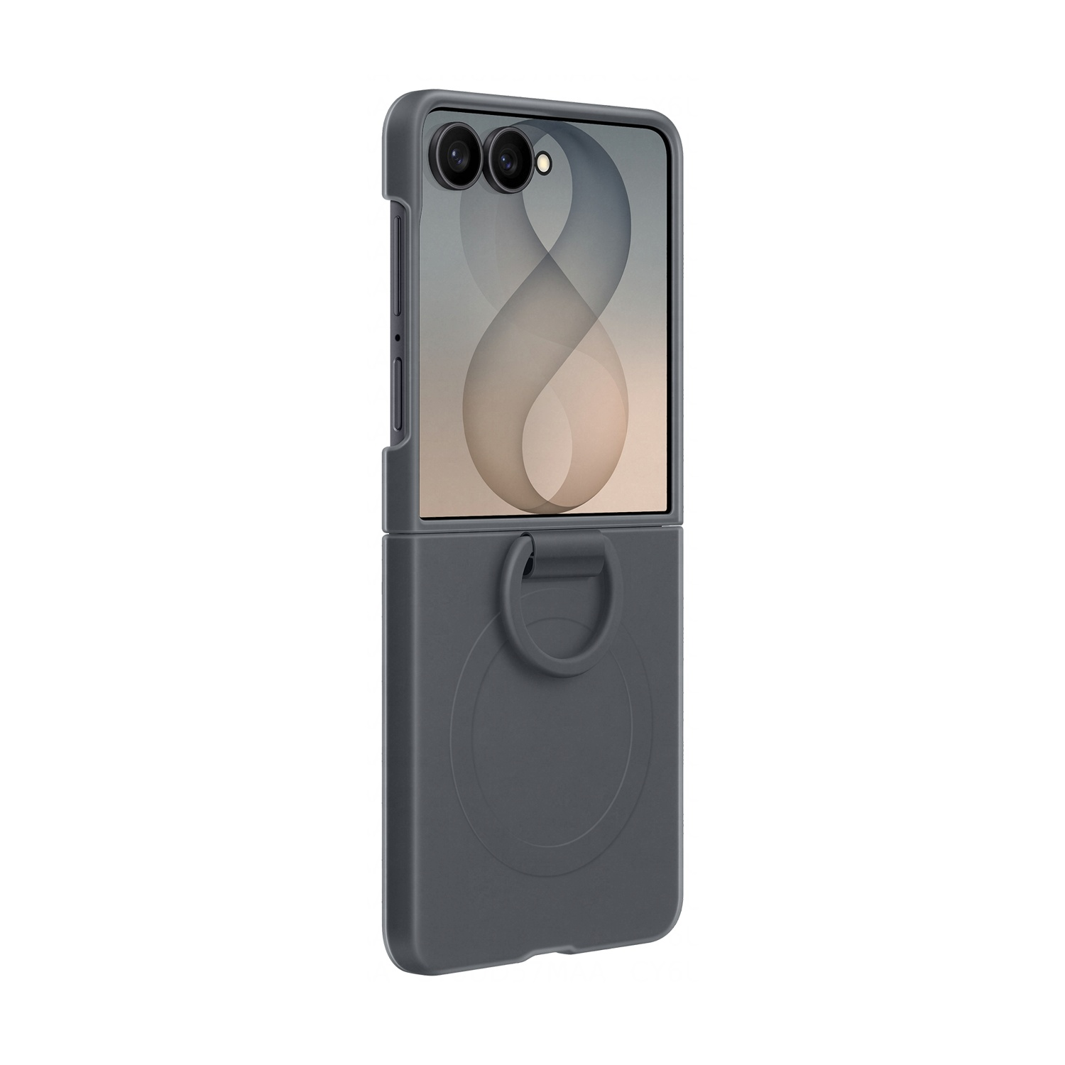 Custodia grigia per telefono flip con anello e doppia lente. Sfondo con motivo astratto.