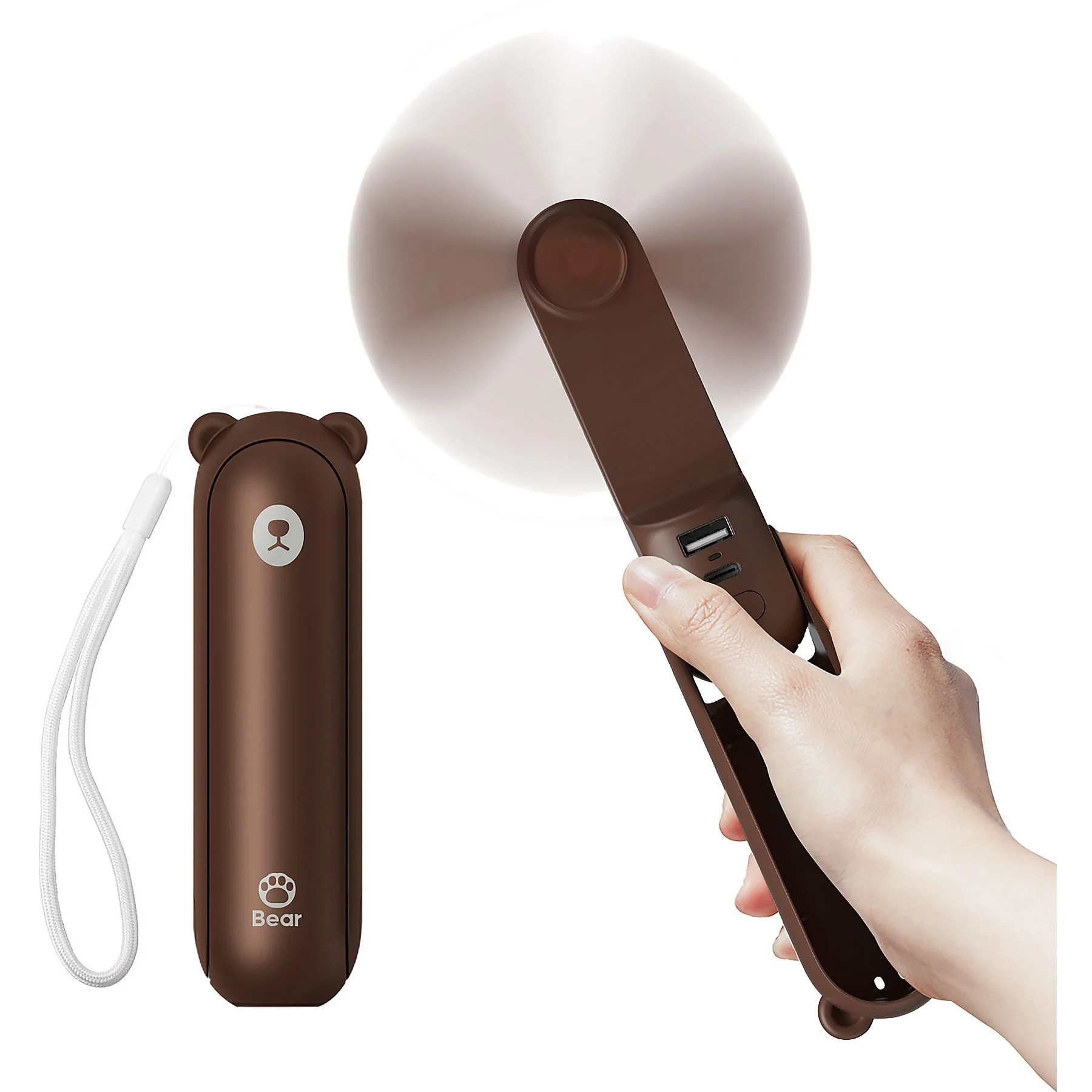 Ventilador USB marrón con diseño de oso, sostenido en una mano.