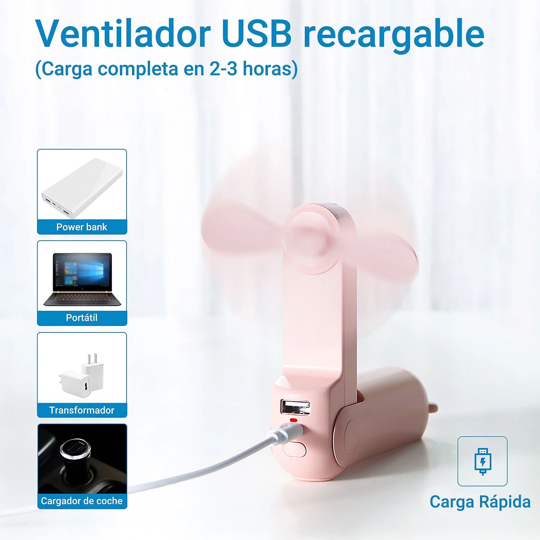 Un ventilador USB portátil rosa se está cargando. Se muestran un power bank, laptop, cargador y cargador de coche.