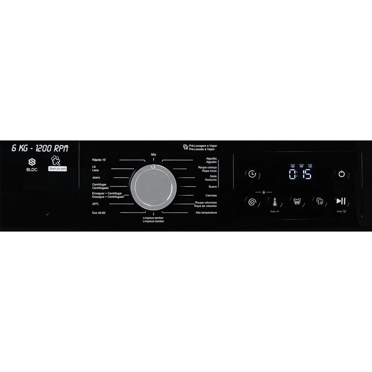 Panel de control de lavadora con dial de programa, pantalla digital y botones.