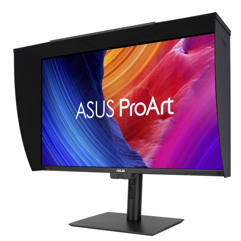 Un monitor ASUS ProArt negro con un fondo de pantalla colorido, sobre un soporte.