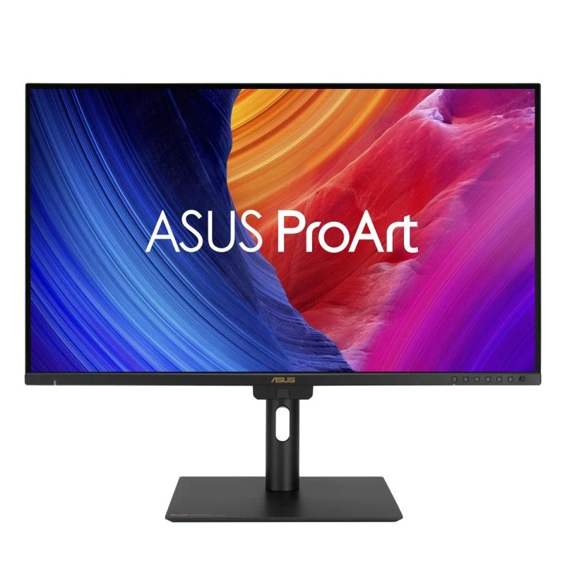 Un monitor ASUS ProArt negro muestra imágenes abstractas coloridas.