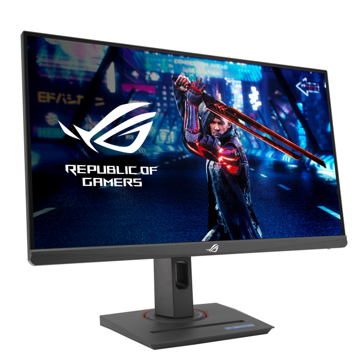 Un monitor gamer con un hombre sosteniendo una espada y el logo de ROG.