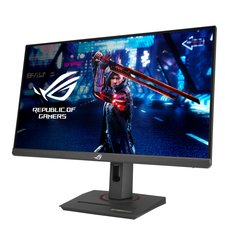 Monitor ROG muestra guerrero con espada brillante. Fondo ciudad ciberpunk.