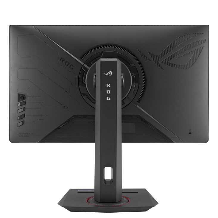 Parte trasera de un monitor gaming negro con logo ROG y soporte.