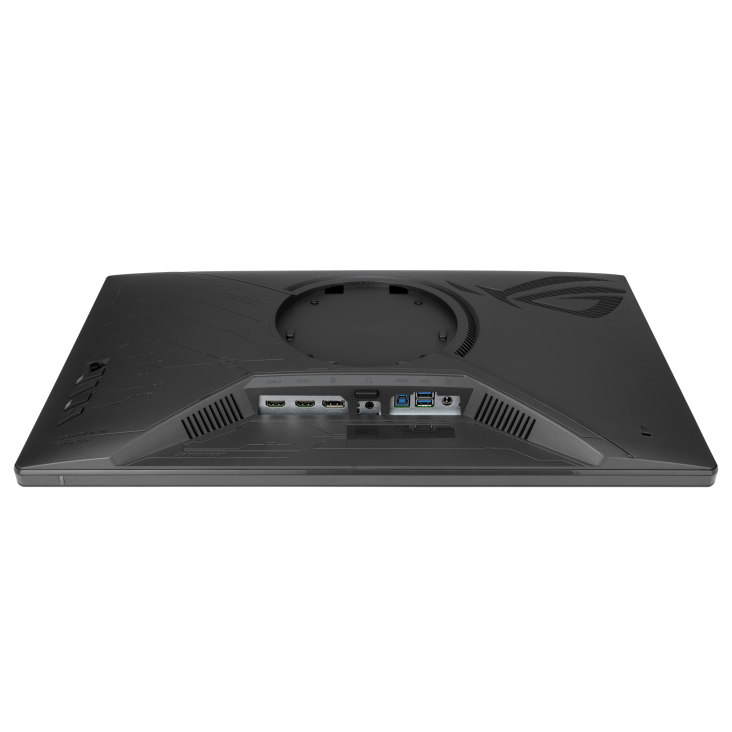 La parte trasera de un monitor negro mostrando puertos: HDMI, USB-A, USB-C y audio.