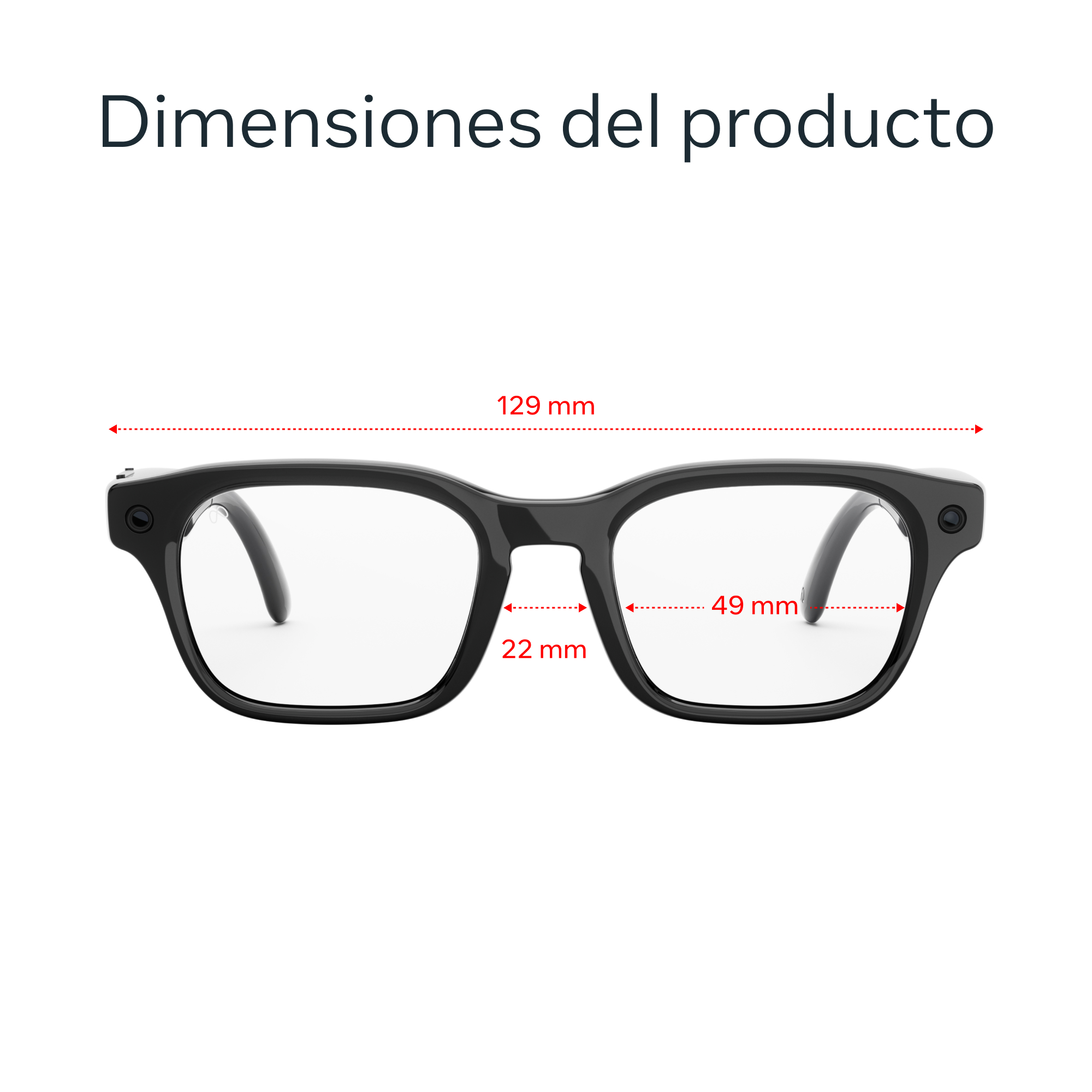Gafas negras con dimensiones: 129 mm ancho, 49 mm alto, 22 mm puente.