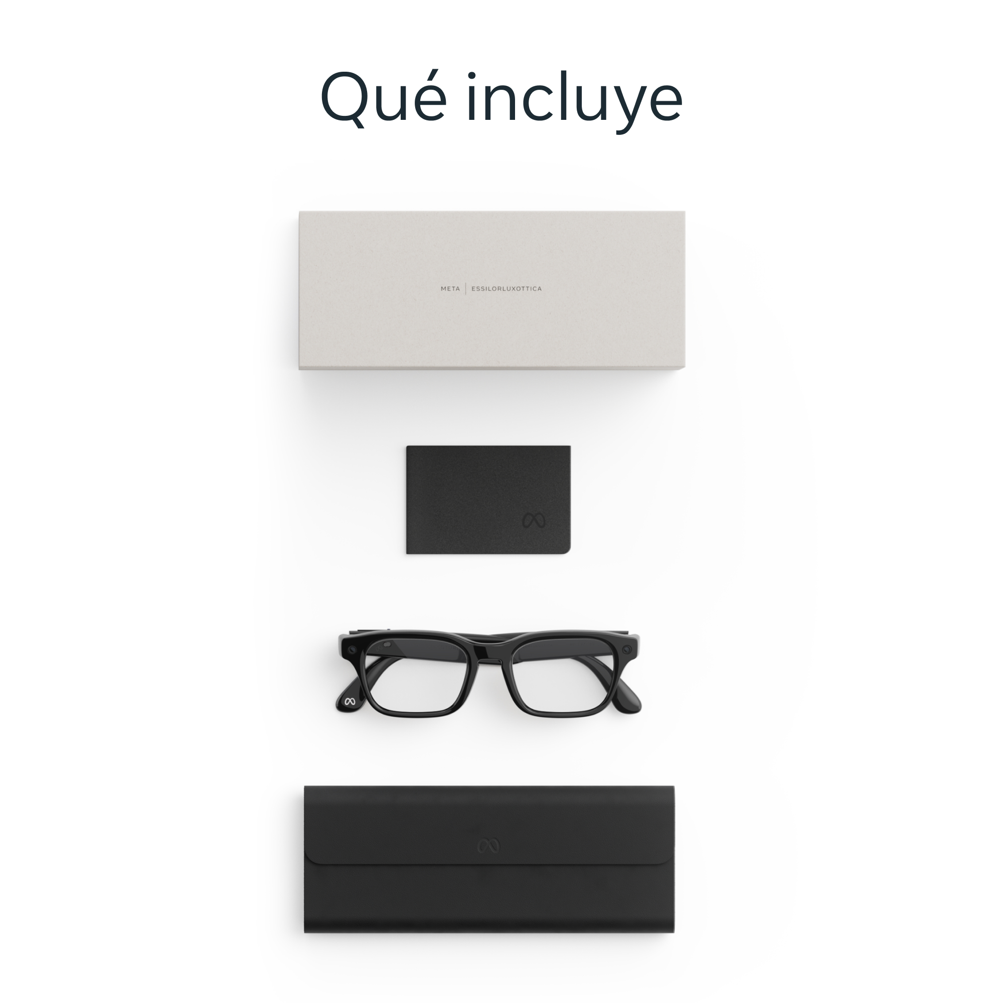 Un paquete con gafas, billetera y estuche sobre fondo blanco.