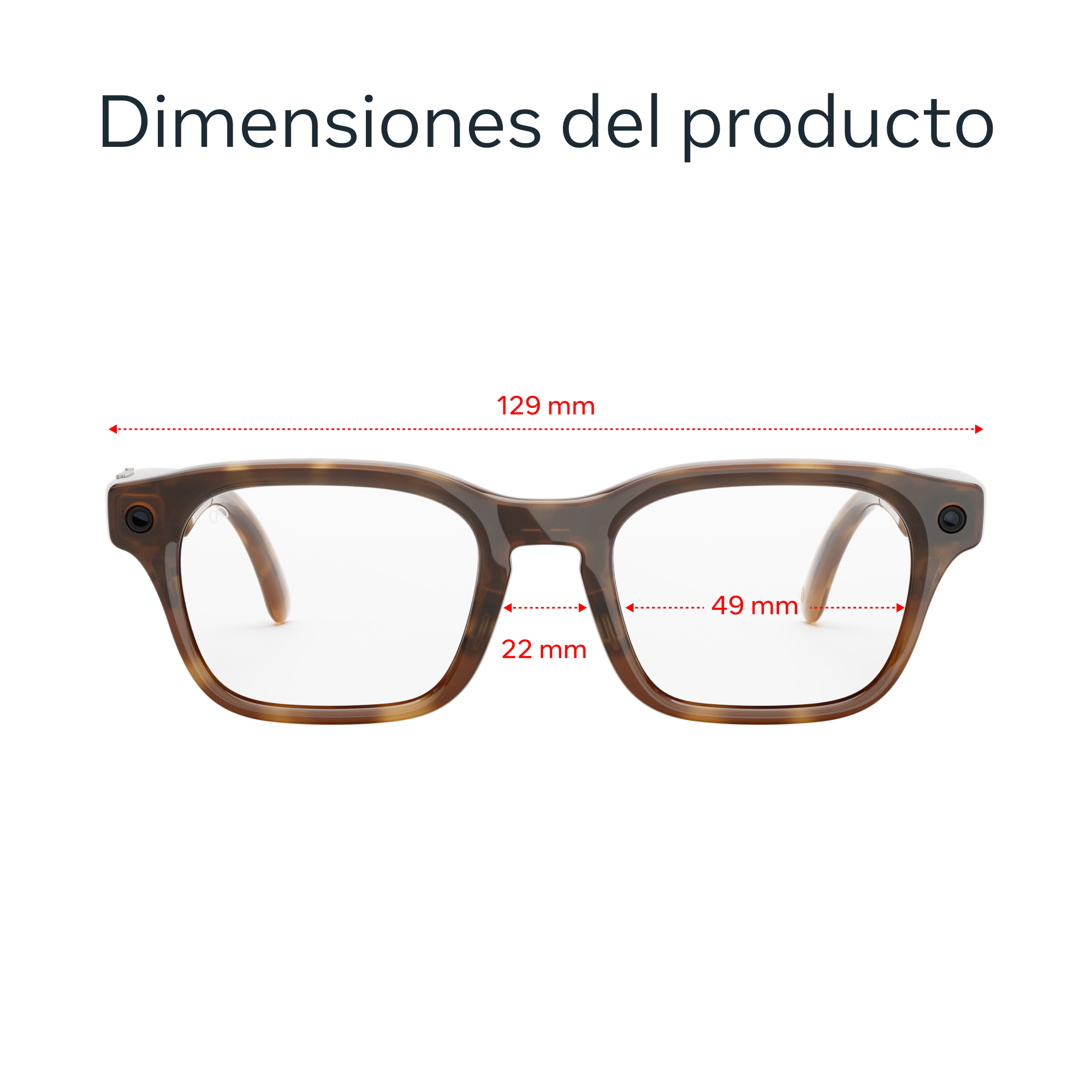 Gafas marrones con dimensiones: 129mm ancho, 49mm alto, 22mm puente.