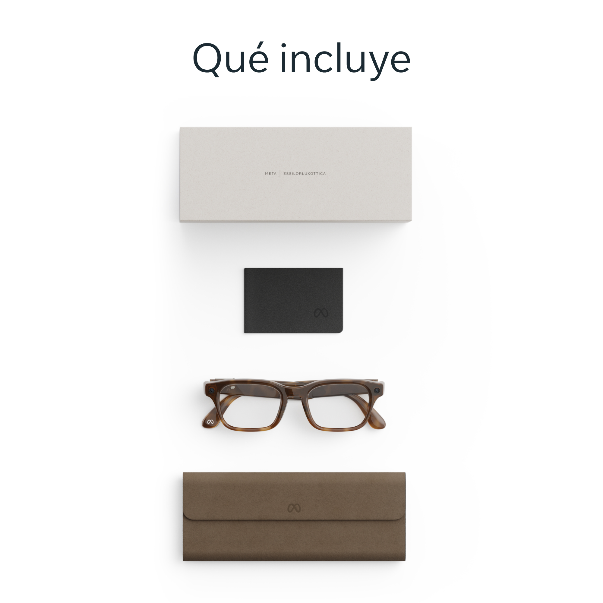 Una caja, una cartera negra, gafas marrones y un estuche marrón.