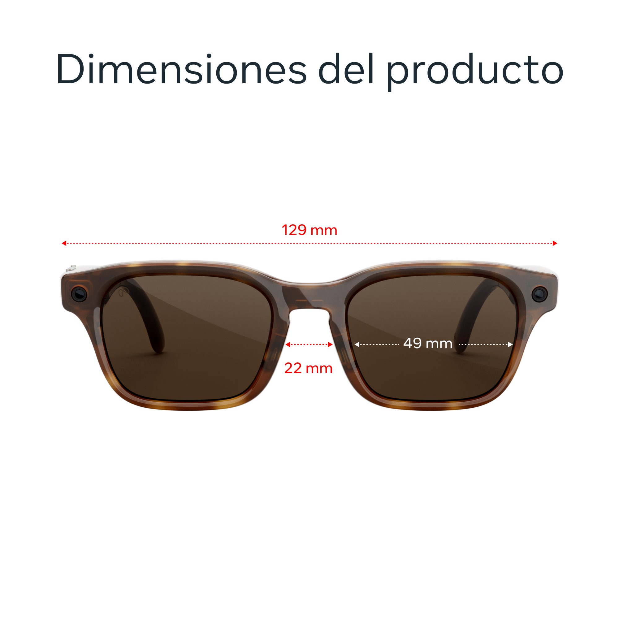 Gafas de sol tortuga marrones con medidas: 129 mm ancho, 49 mm alto lente, 22 mm puente.