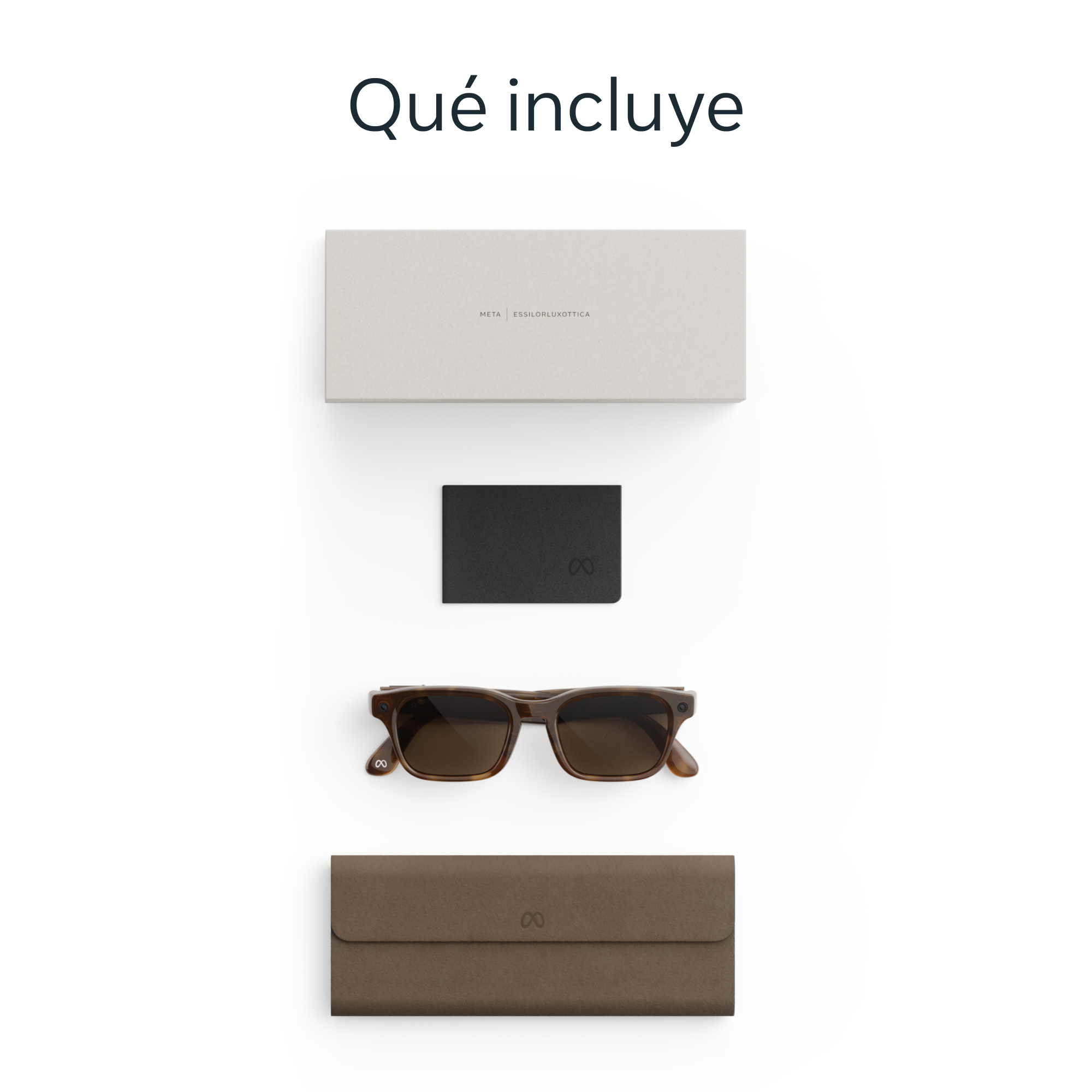 Una caja crema, tarjeta negra, gafas de sol marrones y estuche marrón.