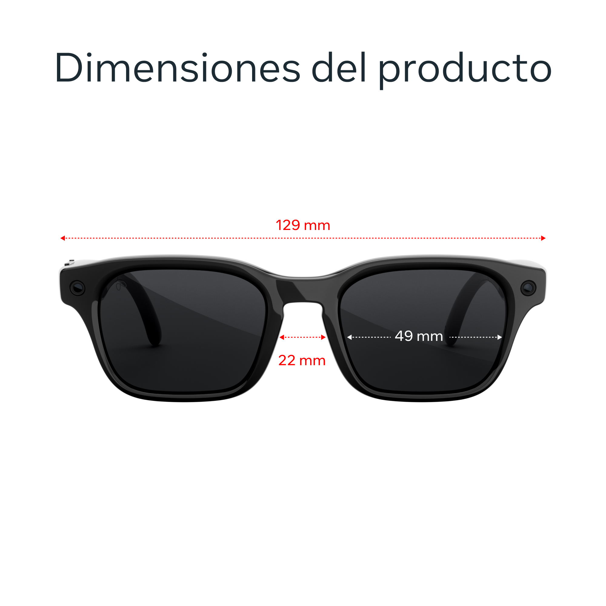 Gafas de sol negras con medidas: 129 mm ancho, 49 mm lente, 22 mm puente.