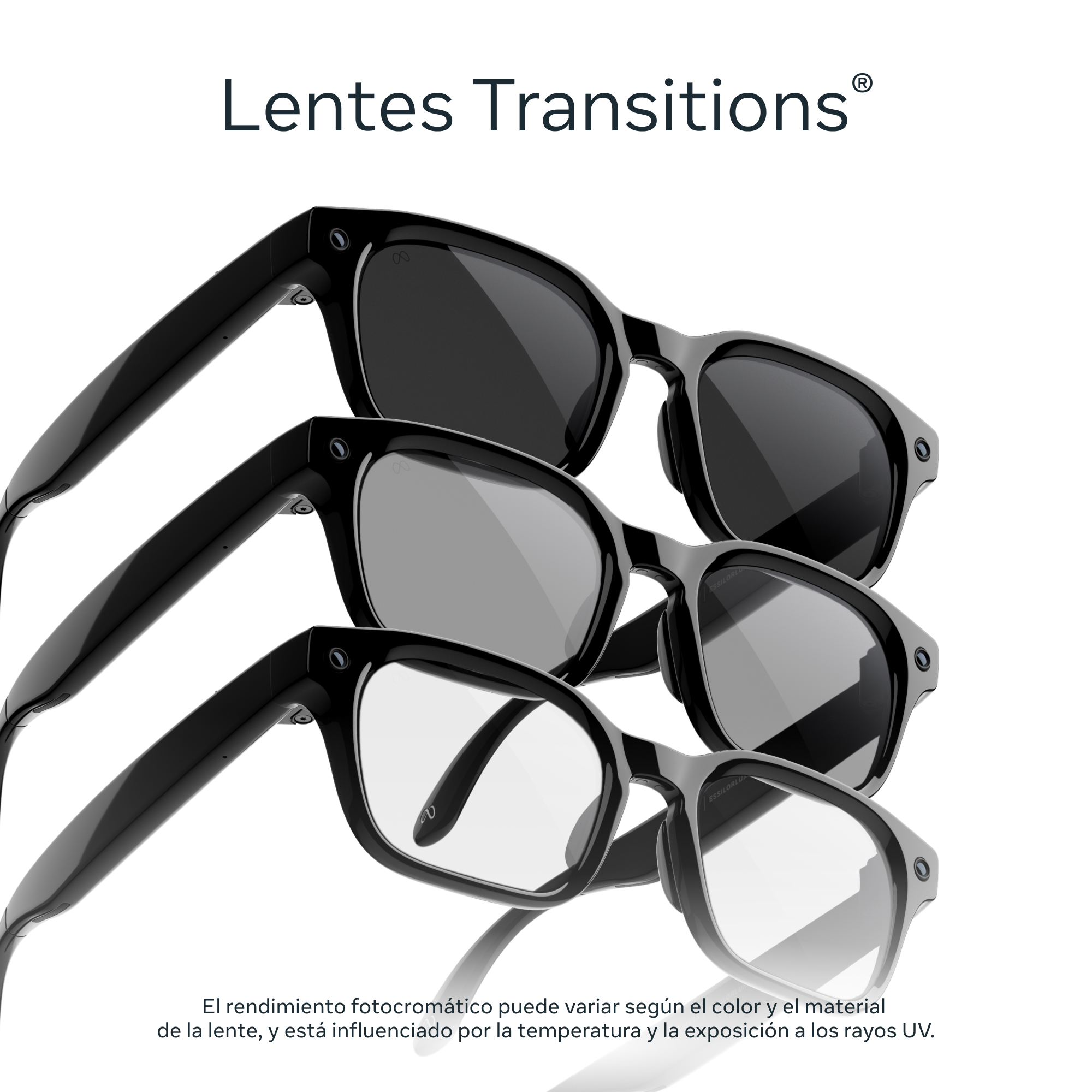 Tres monturas de gafas negras con lentes de claro a oscuro.