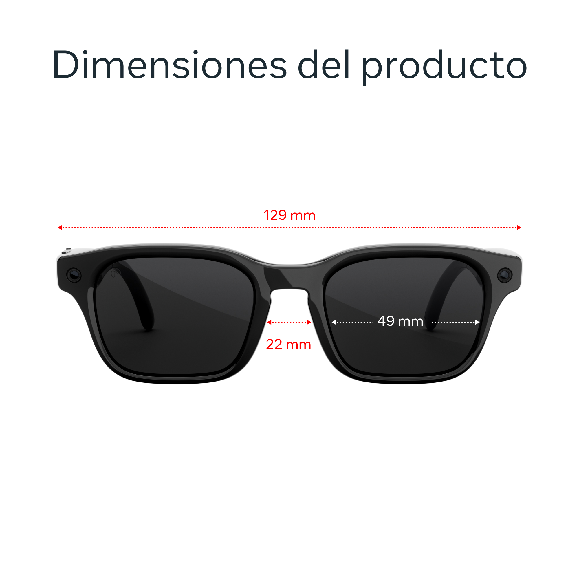 Gafas de sol negras con dimensiones: 129 mm ancho, 49 mm lente, 22 mm puente.