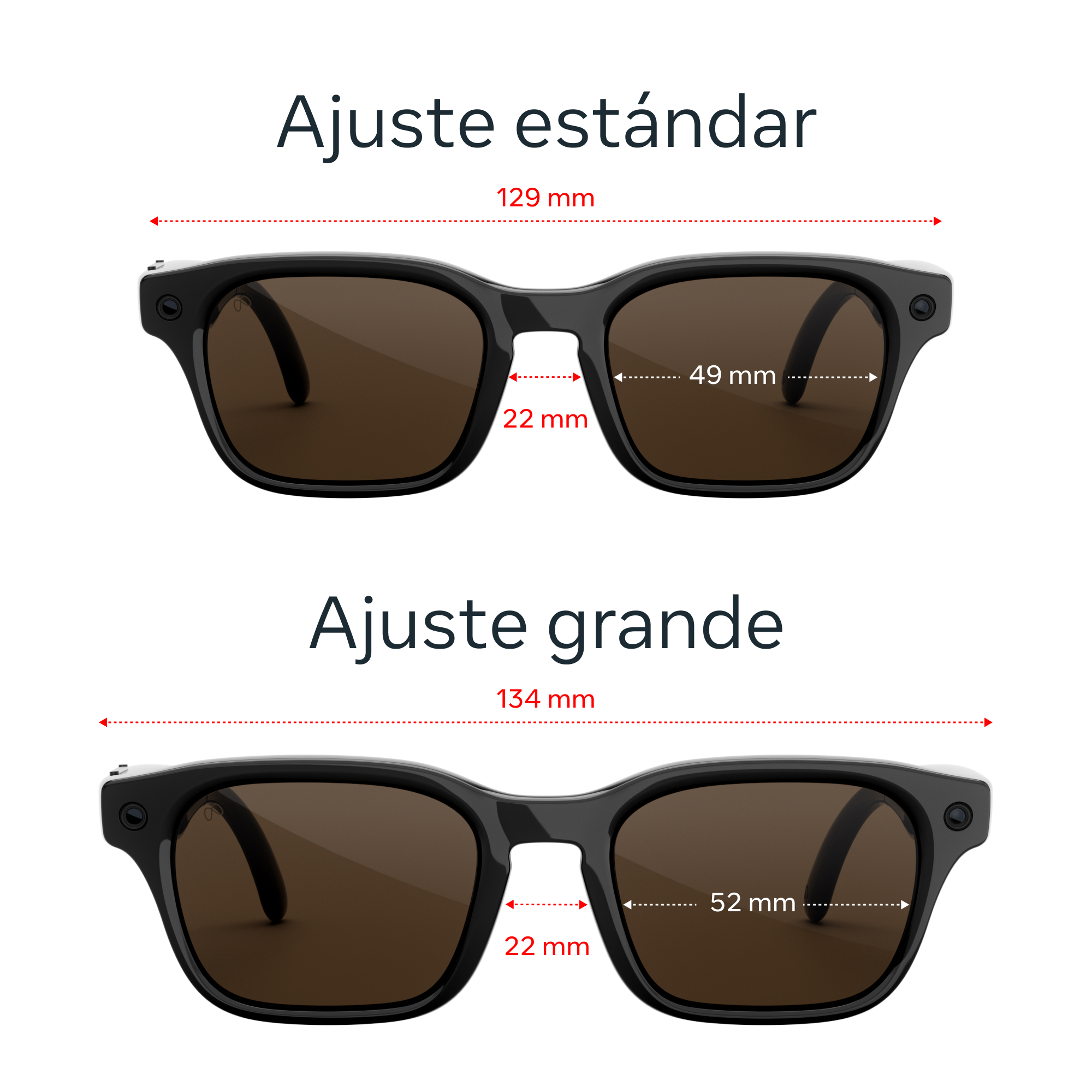 Dos pares de gafas negras, estándar y grandes, con medidas.