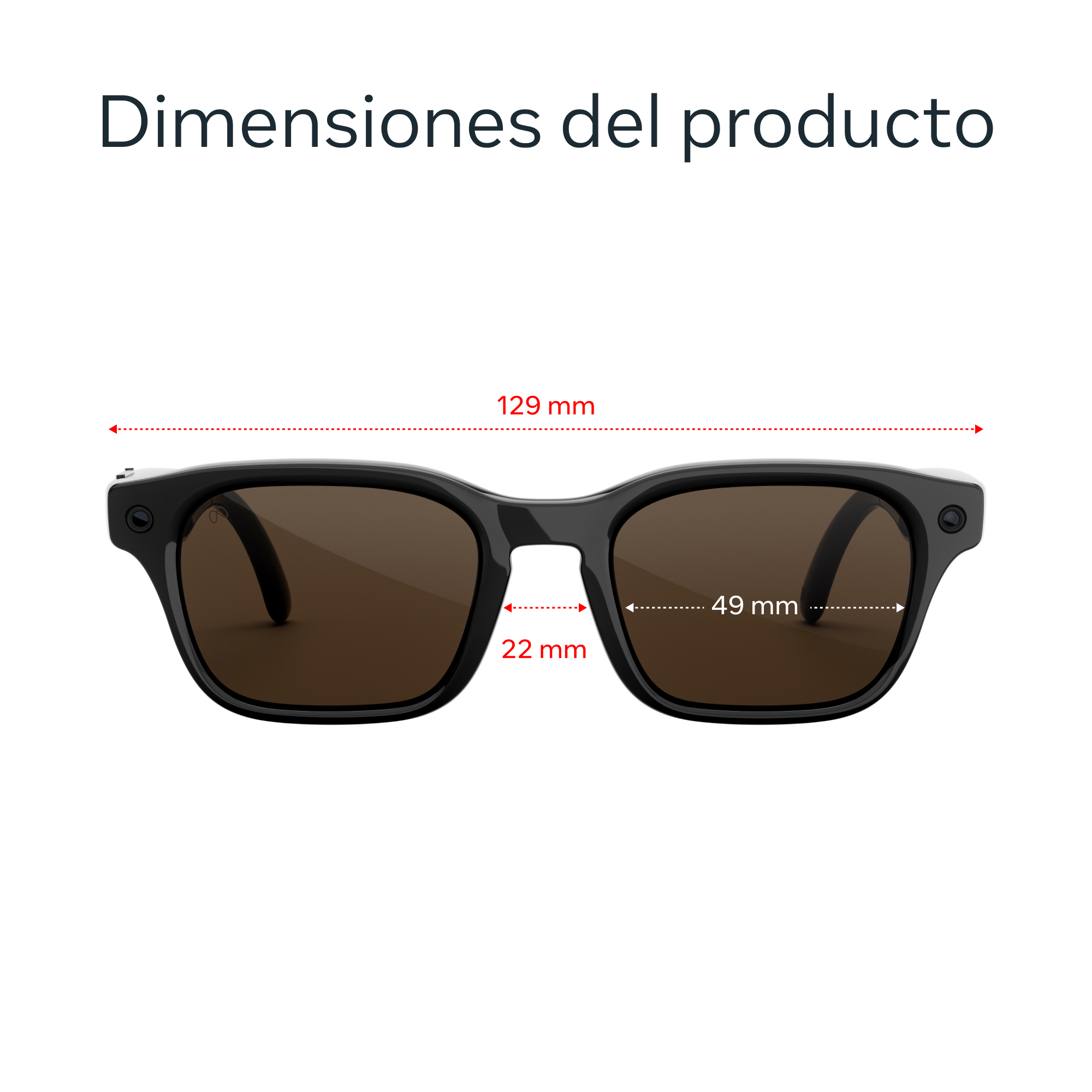 Gafas de sol negras con dimensiones: 129mm ancho total, 49mm ancho lente, 22mm puente.