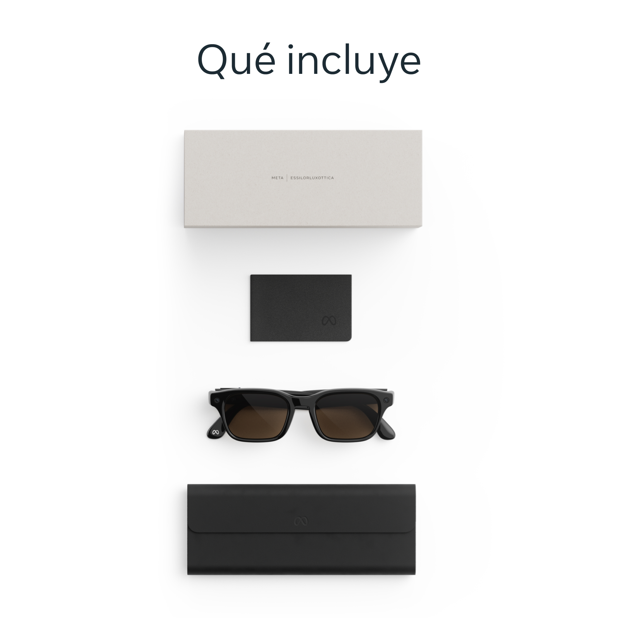 Gafas de sol negras con lentes marrones, estuche, cartera y caja.