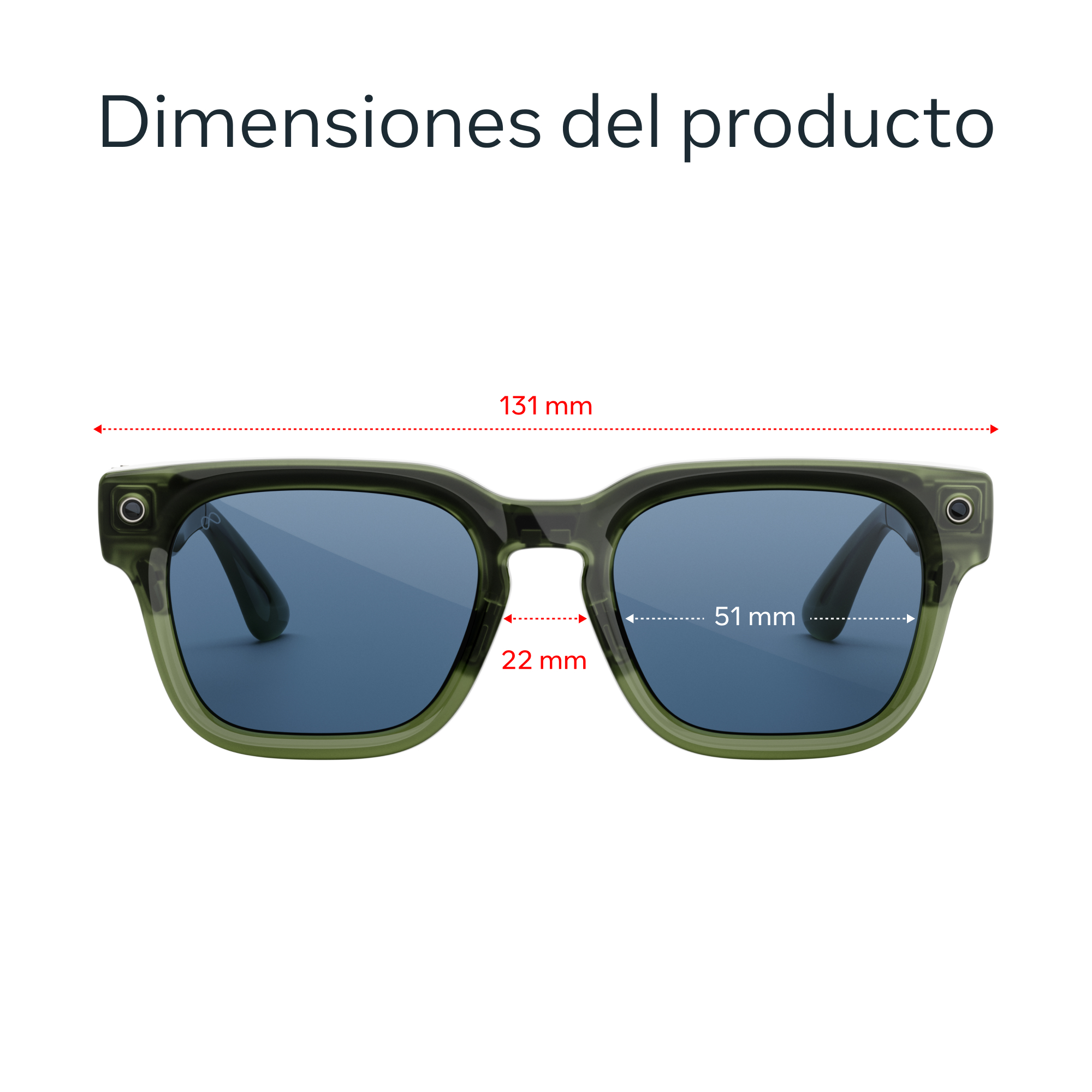 Gafas de sol verdes con lentes azules, medidas 131 mm, 51 mm y 22 mm.