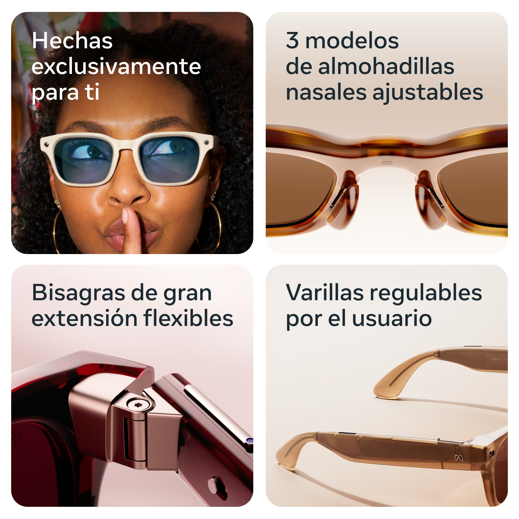 Collage de características de gafas: mujer con gafas, primer plano de almohadillas, bisagra, varillas.