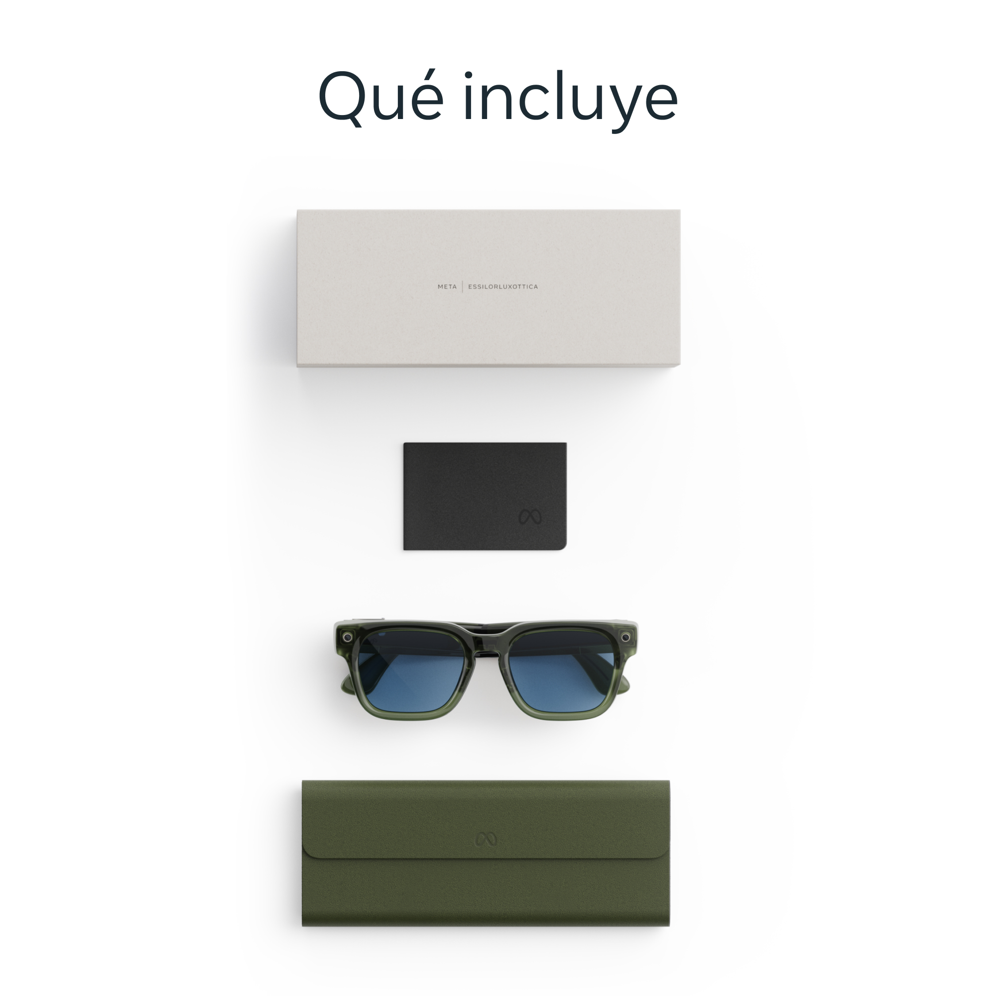 Un paquete con gafas, una tarjeta negra y una funda verde sobre fondo blanco.