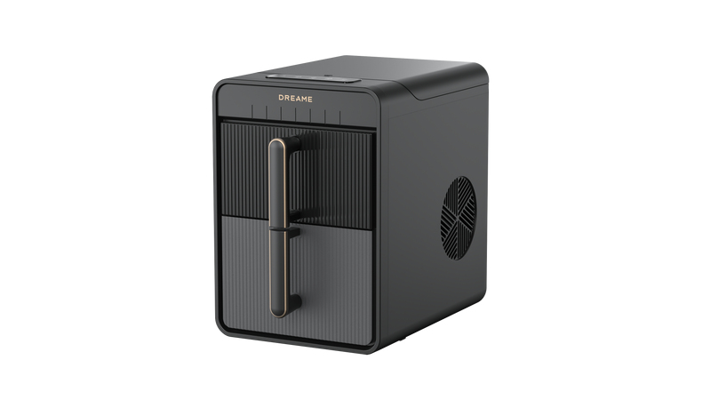 Purificador de aire rectangular negro con asa de metal y rejillas de ventilación.