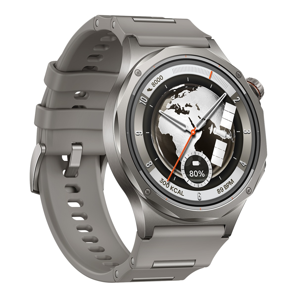 Reloj inteligente gris con pantalla de mapa mundial, satélite y datos.