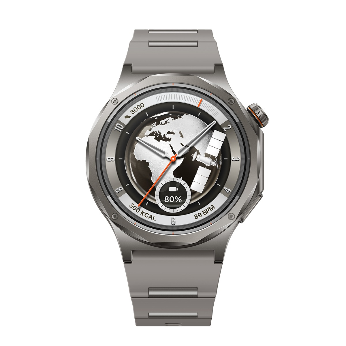 Reloj inteligente gris con correa plateada, esfera muestra globo, 80% batería.