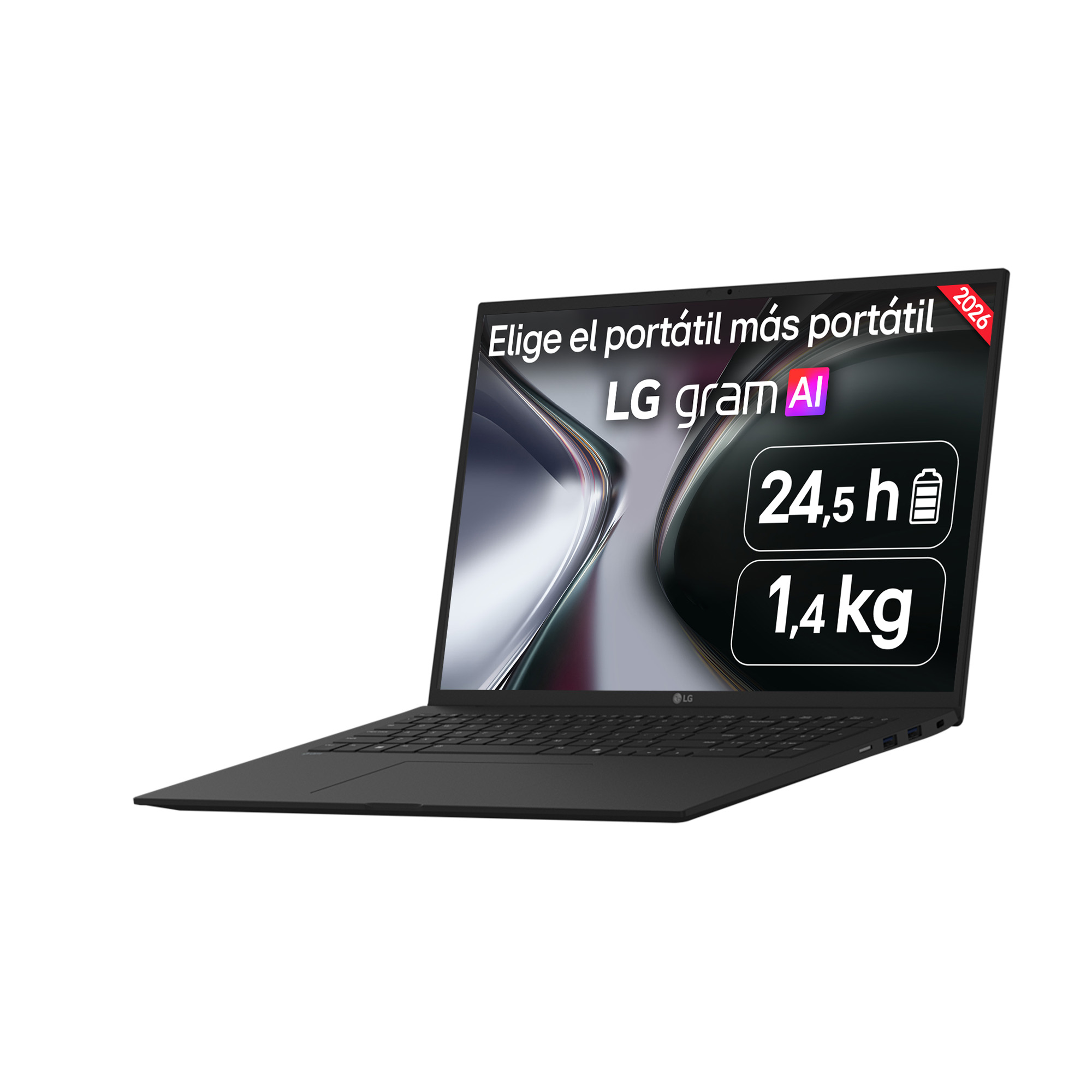 Portátil LG Gram AI negro con 24,5h de batería y 1,4kg.