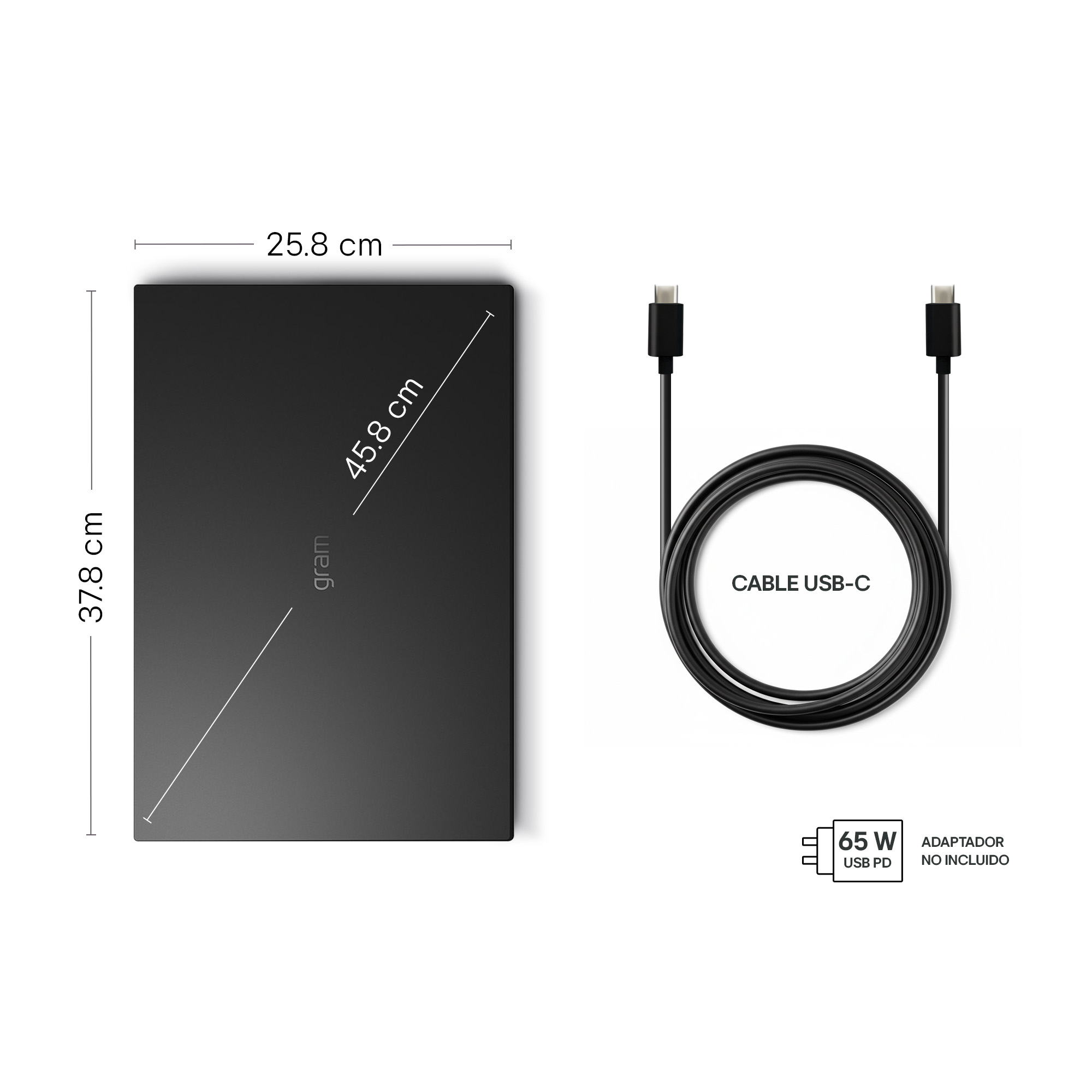 Portátil negro con cable USB-C y nota de adaptador. Dimensiones mostradas.