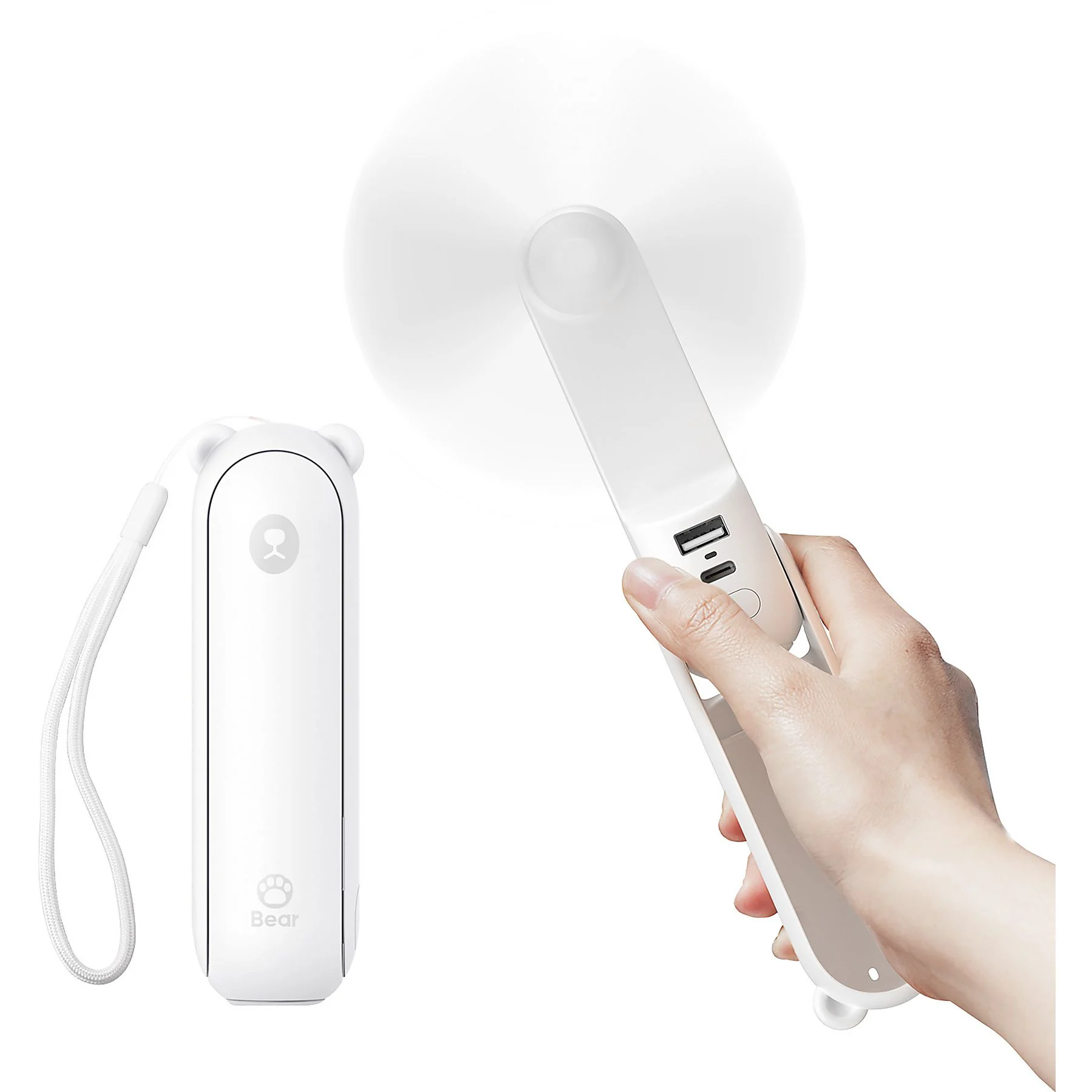 Ventilador blanco con forma de oso en mano, con otro ventilador plegado al lado.