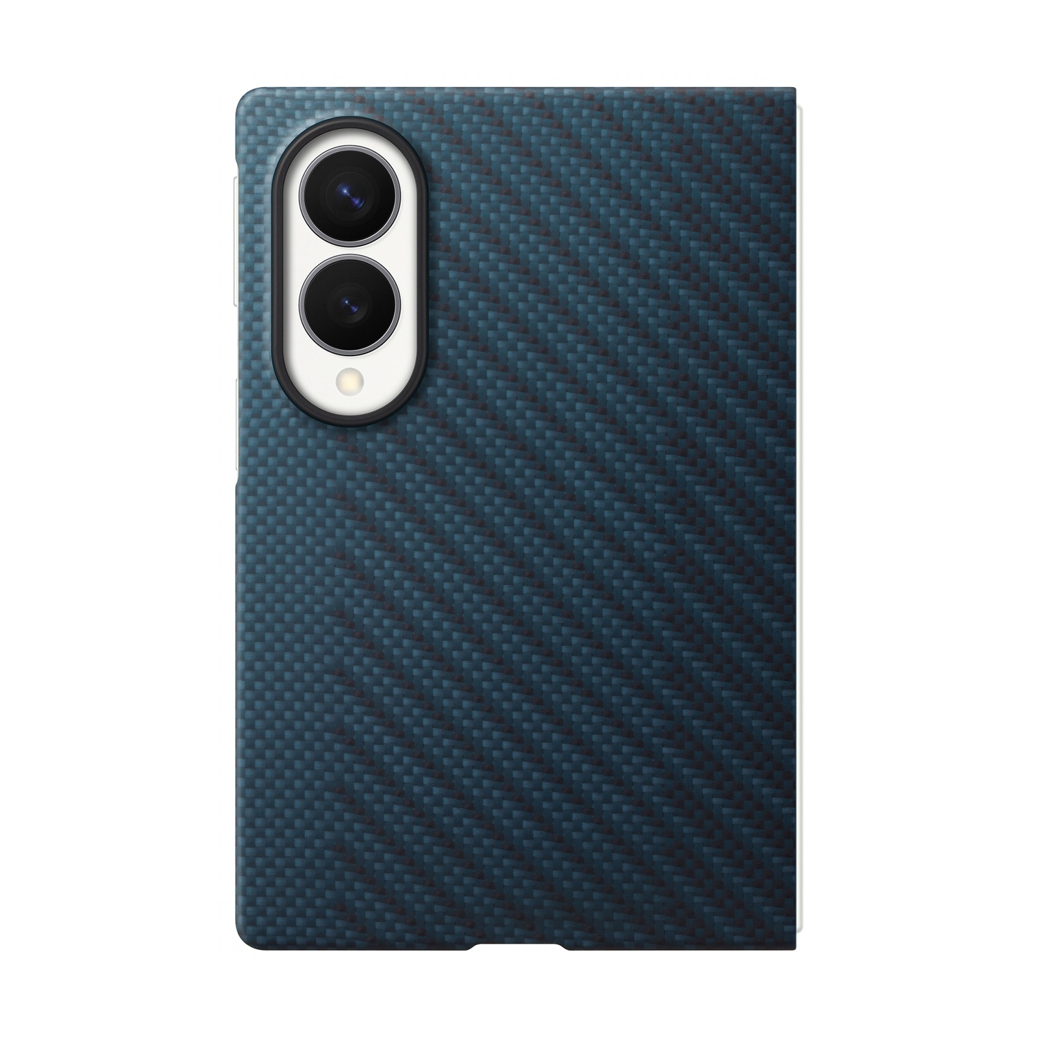 Custodia per telefono blu scuro con motivo carbonio e apertura fotocamera.