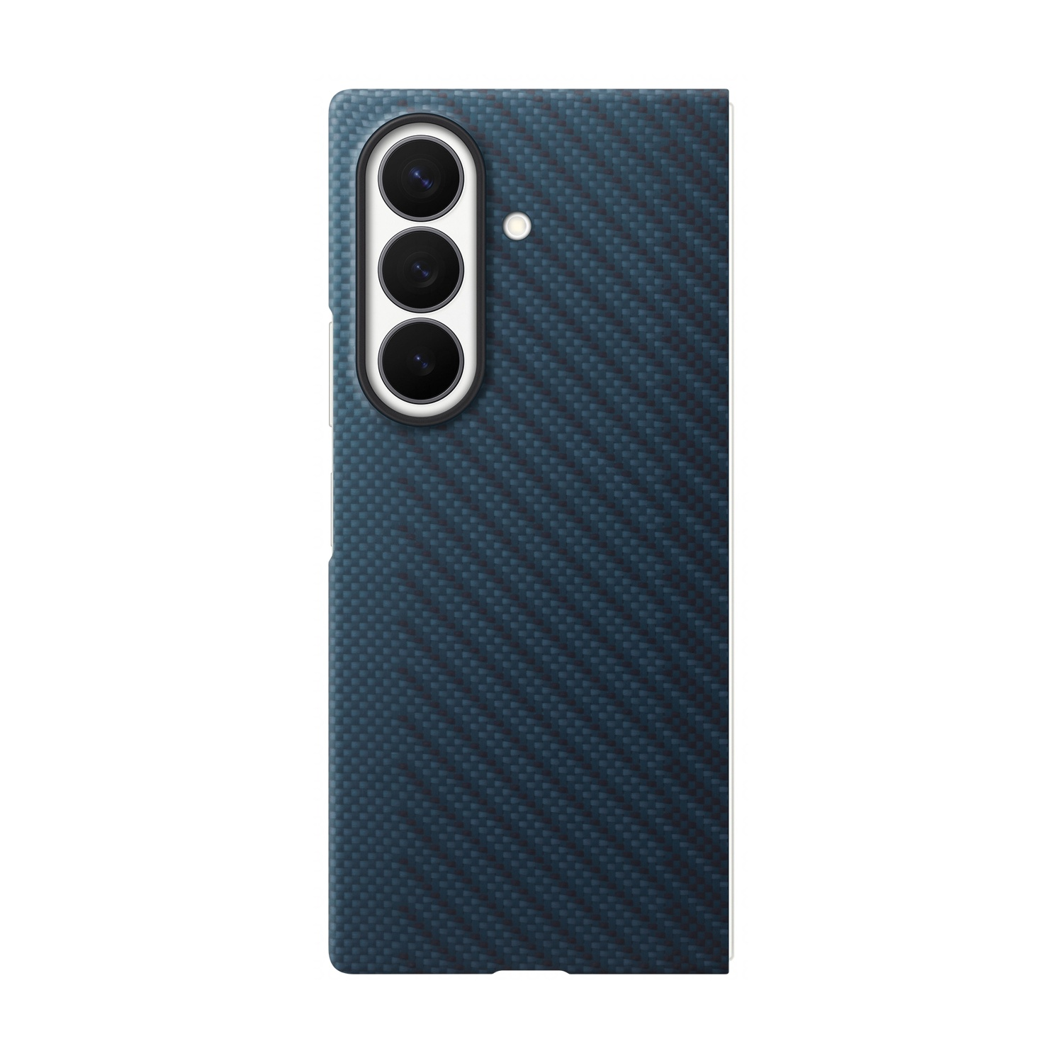 Custodia blu scuro per telefono con motivo carbonio e tre lenti.
