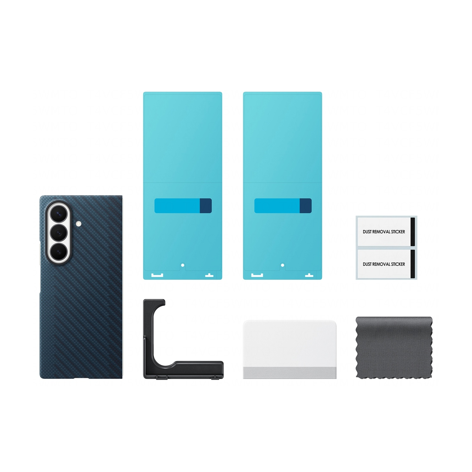 Una cover scura per telefono, due pellicole protettive blu, un'impugnatura nera, un tergivetro bianco e un panno grigio.