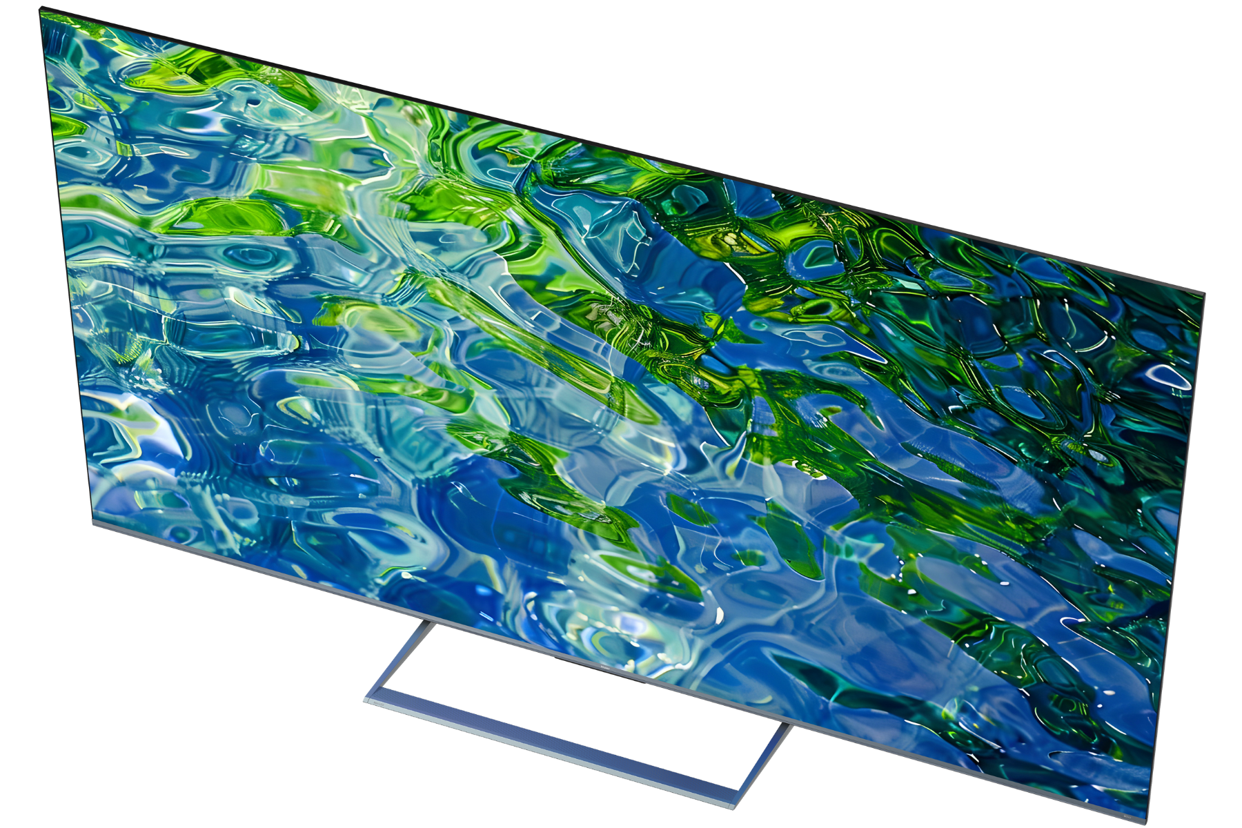 Un televisor moderno que muestra una imagen abstracta de agua fluyendo en tonos azules y verdes.