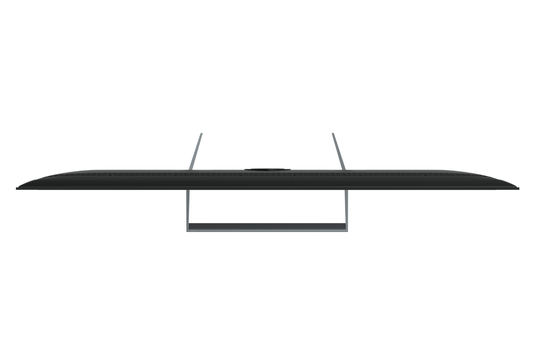 Un elegante televisor negro con soporte plateado, visto desde arriba.